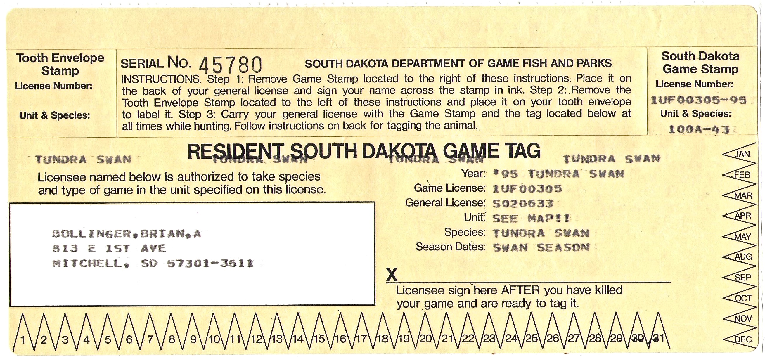 1995 South Dakota Tunra Swan, Tag and Tooth Envelope Stamp