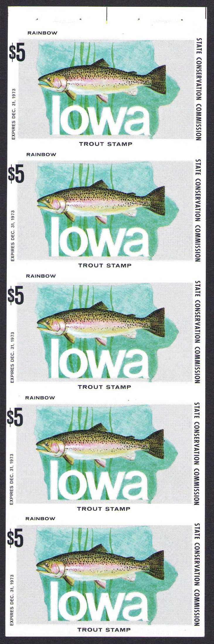 1973 Iowa Trout Legitimate Imperforate Booklet Pane