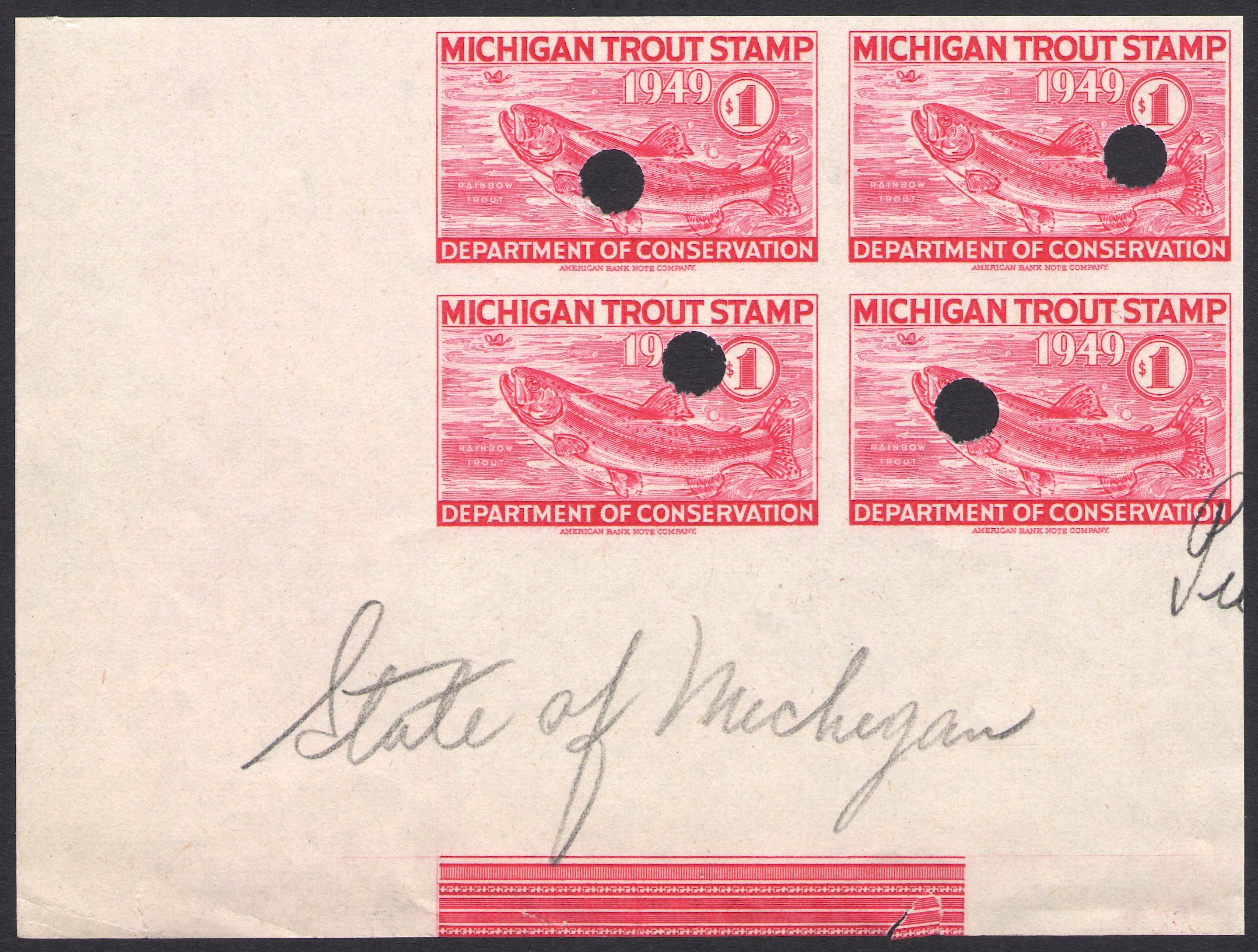 1949 Michigan Trout Plate Proof Corner Block