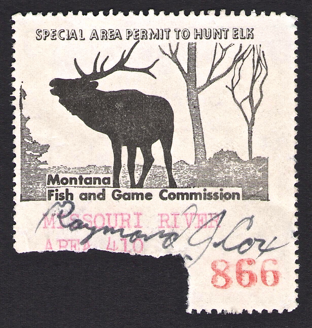 Typed "MISSOURI RIVER AREA 410" Special Area Permit to Hunt Elk