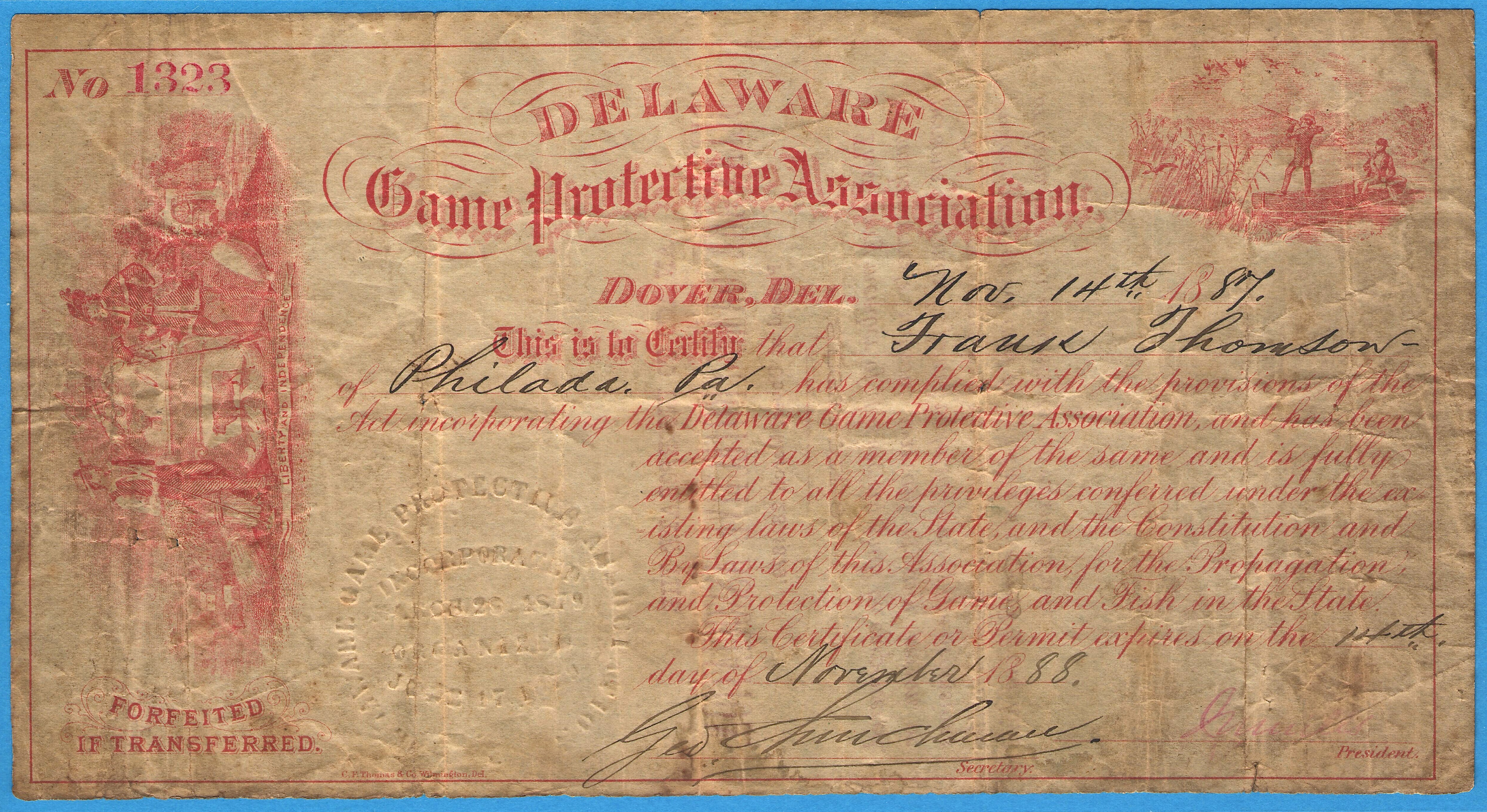 1887 Delaware Game Protective Association Certificate