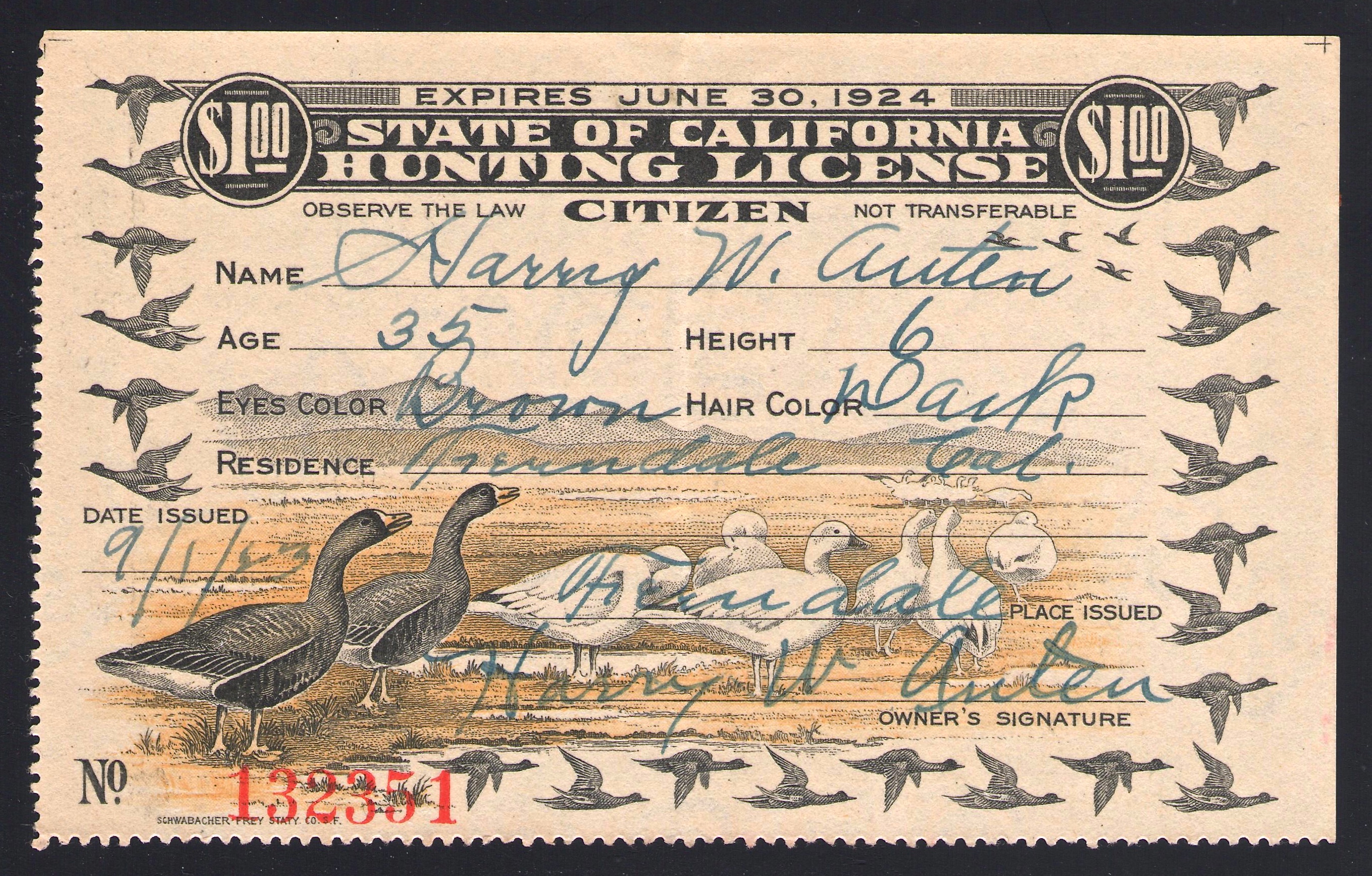 1923-24 Ca Hunting Licese