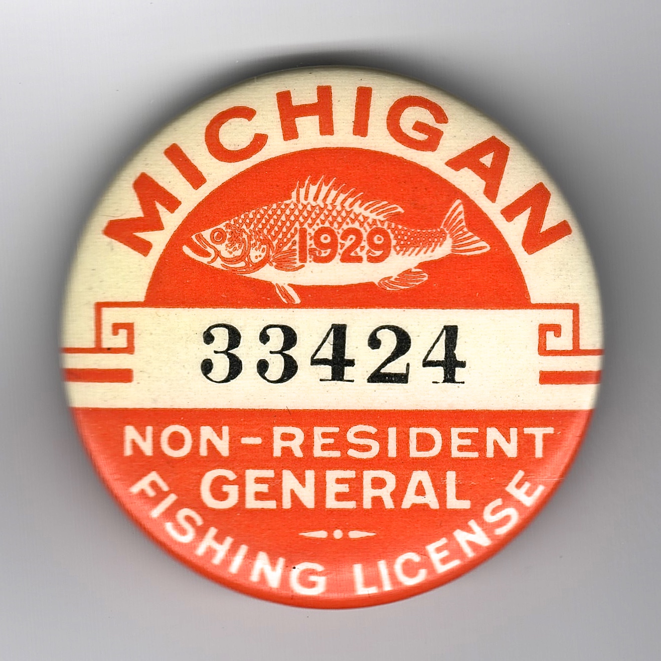 1929 MICHIGAN NON-RESIDENT SPECIAL FISHING LICENSE PIN BACK W