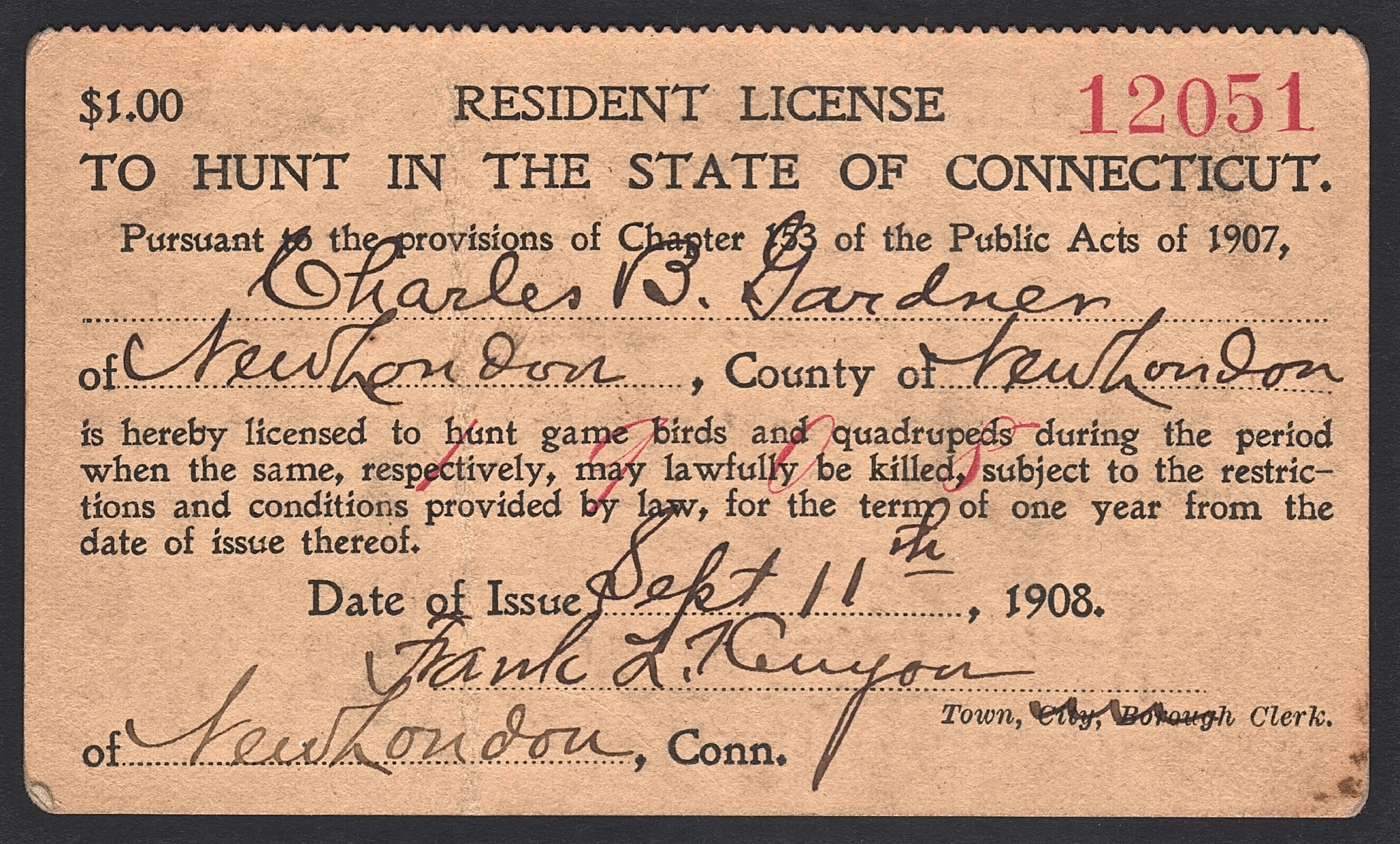 1908-09 Connecticut Resident License to Hunt