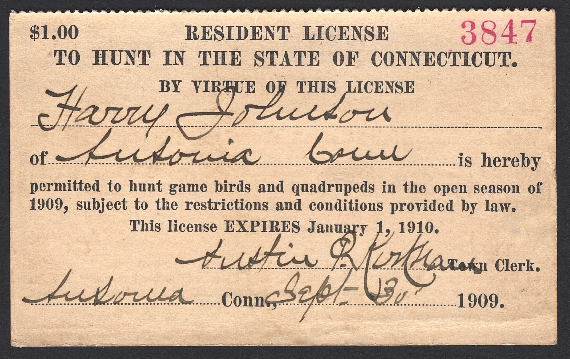 1909-10 Connecticut Resident License to Hunt