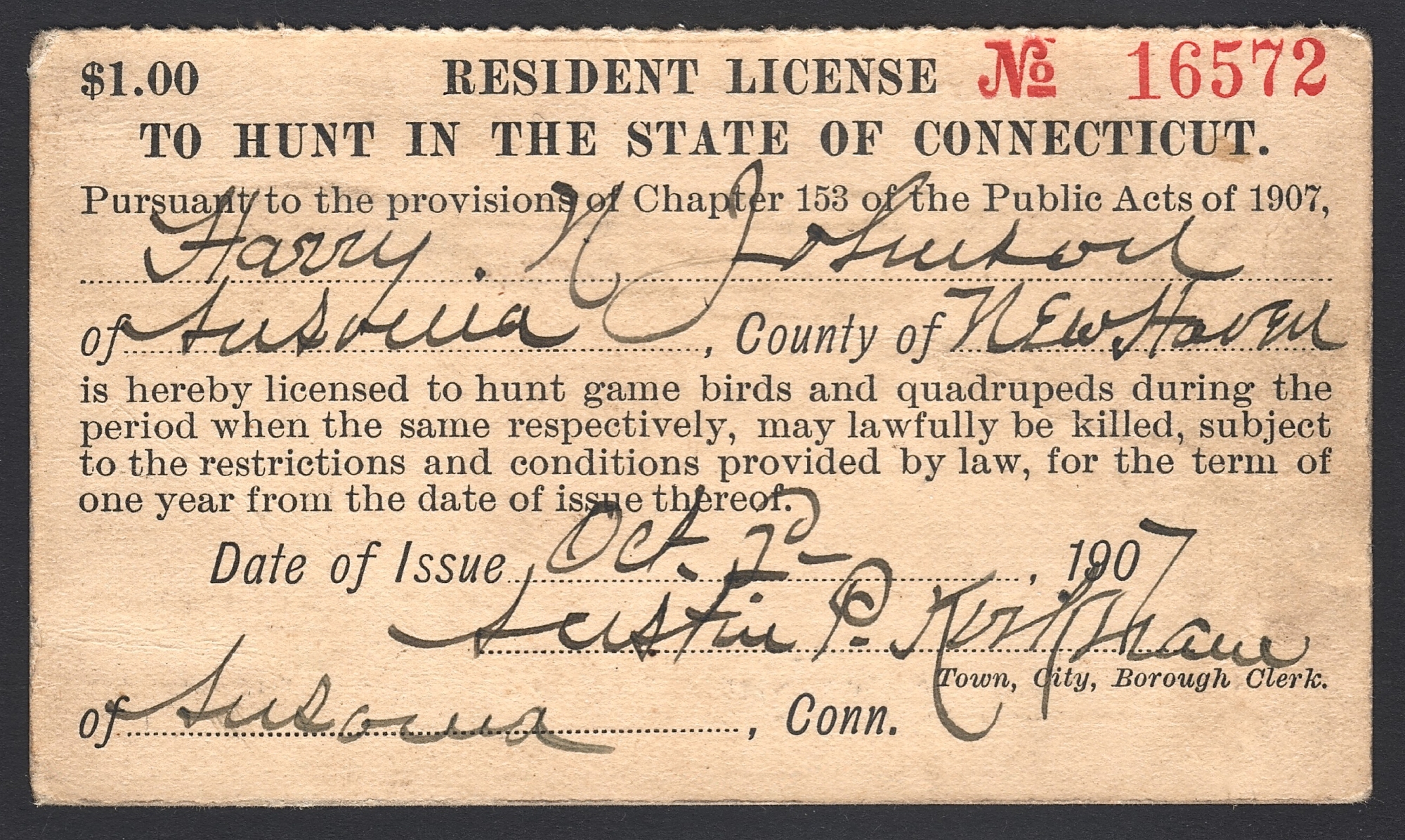 1907-08 Connecticut Resident License to Hunt
