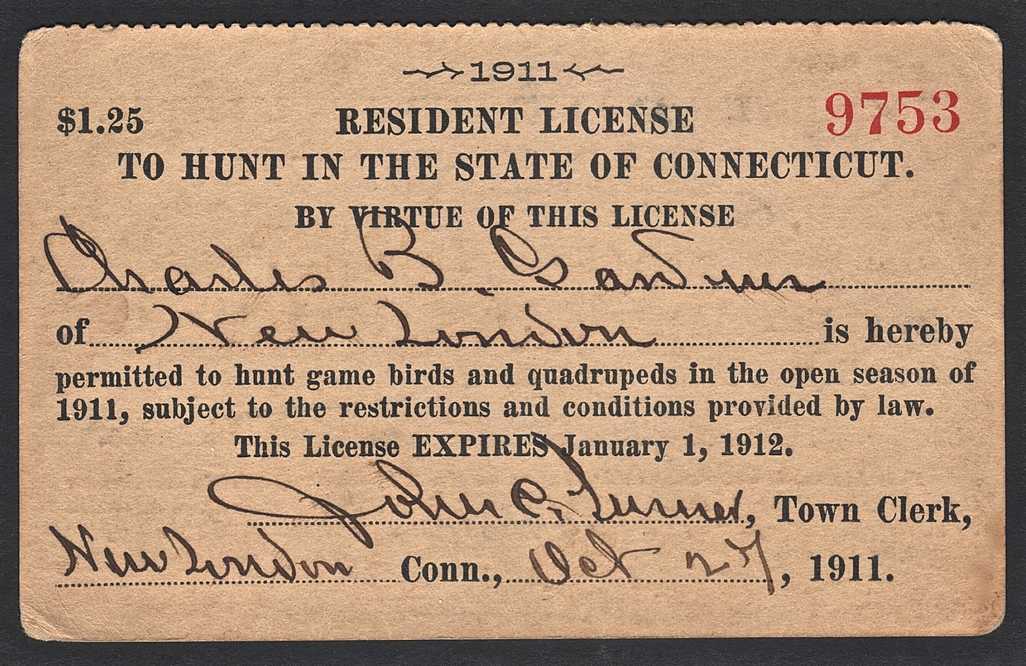 1911-12 Connecticut Resident License to Hunt