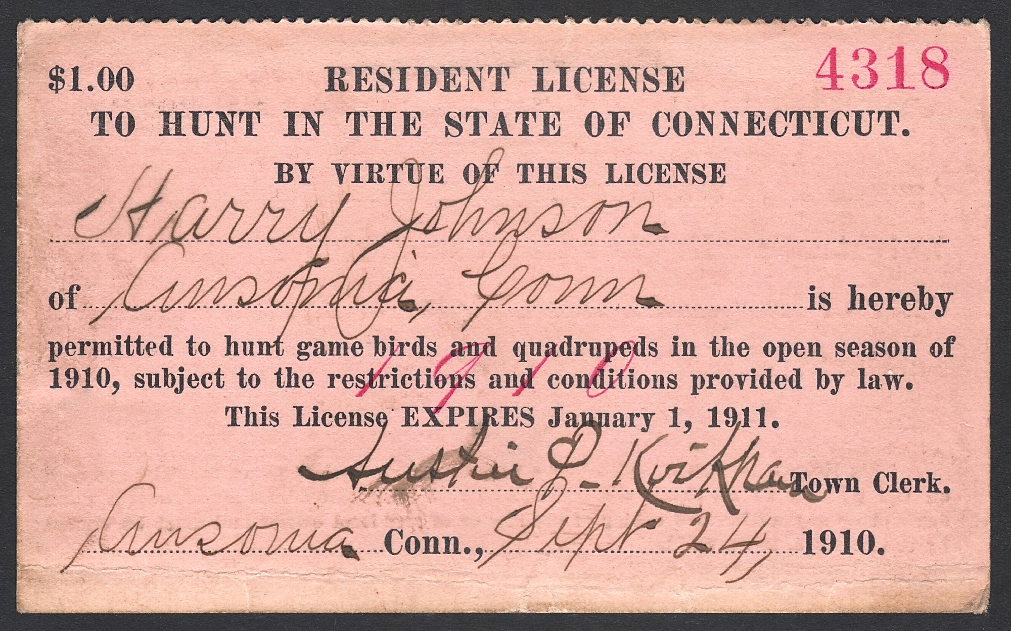 1910-11 Connecticut Resident License to Hunt