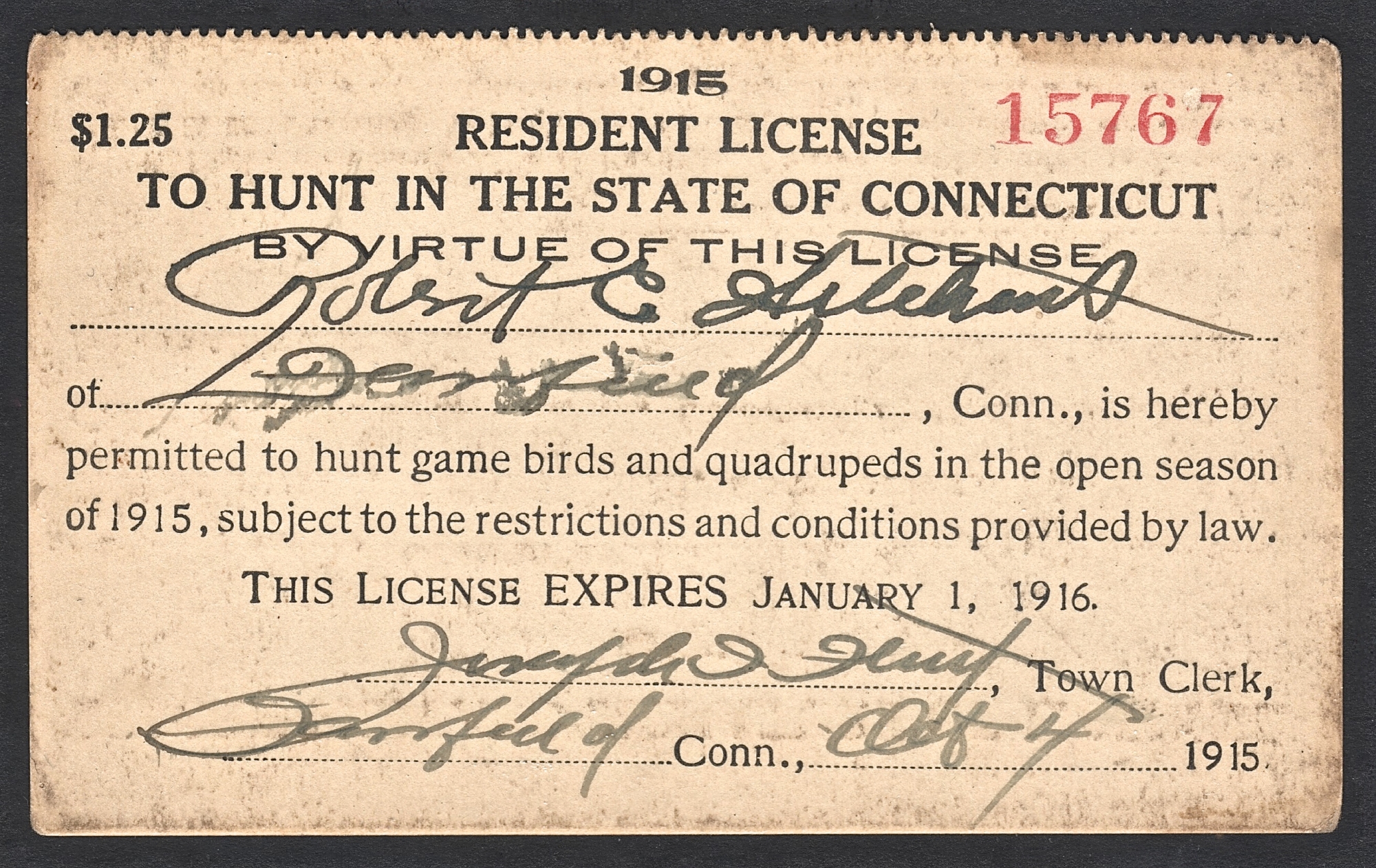 1915-16 Connecticut Resident License to Hunt