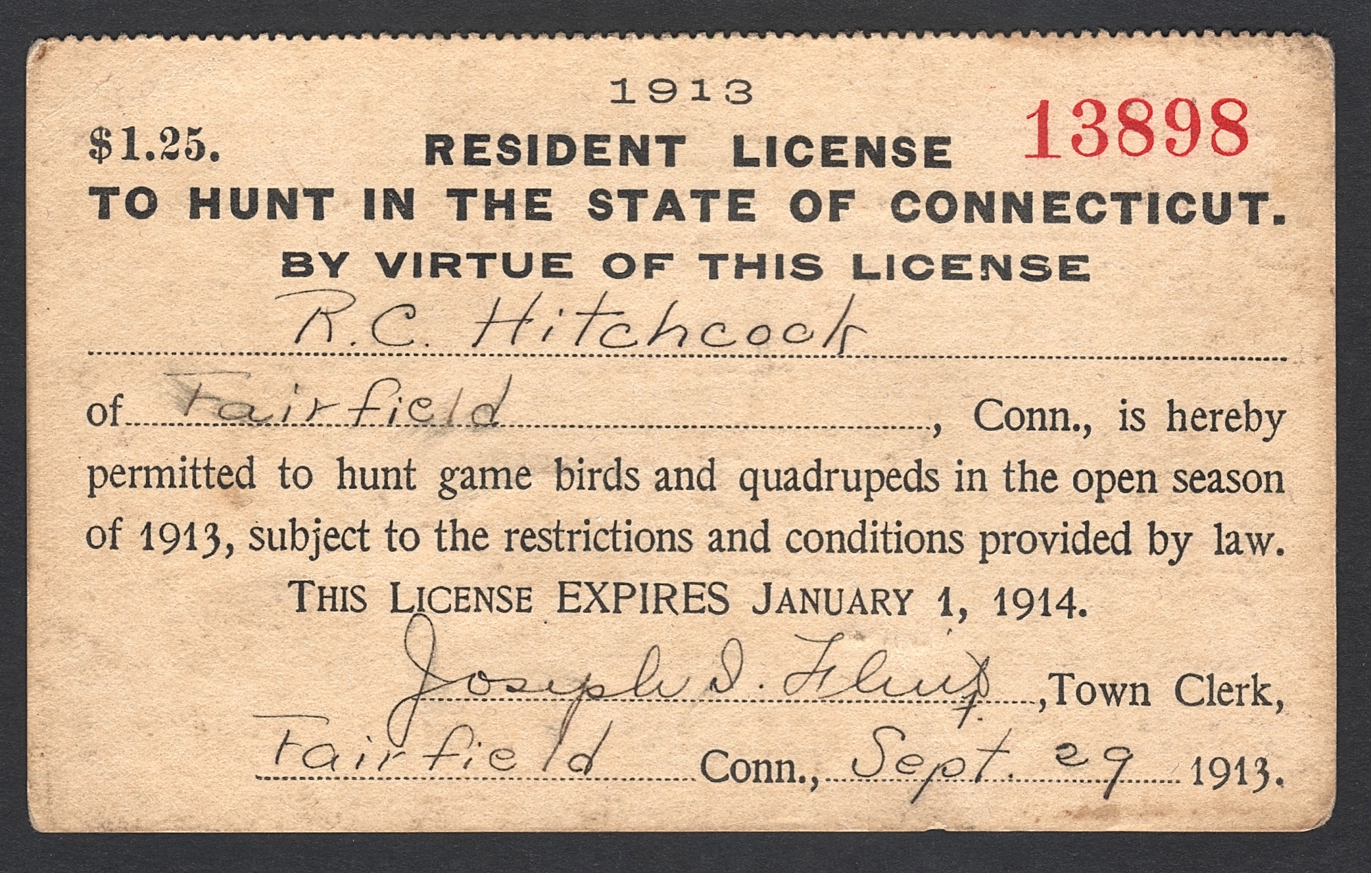 1913-14 Connecticut Resident License to Hunt