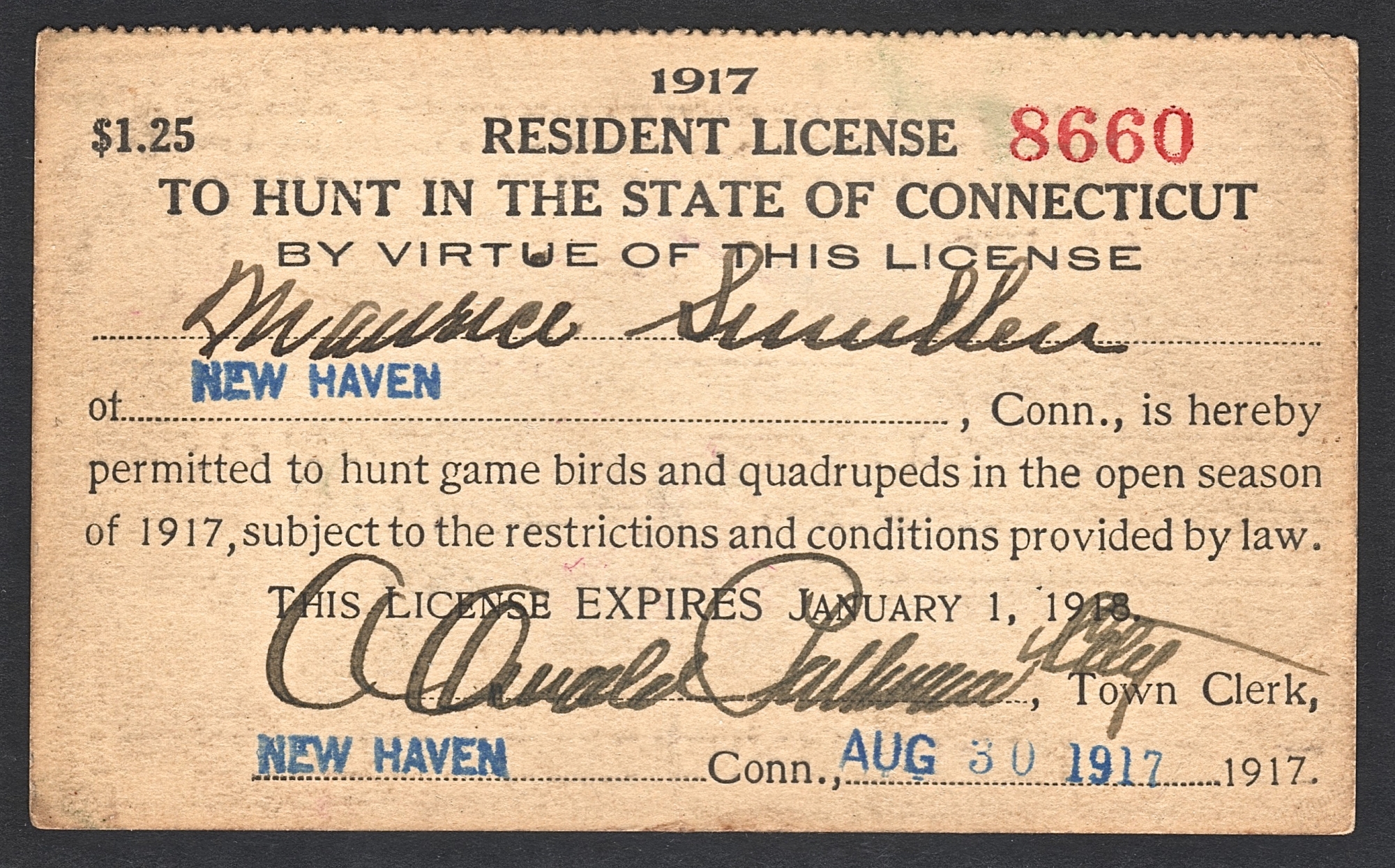 1917-18 Connecticut Resident License to Hunt
