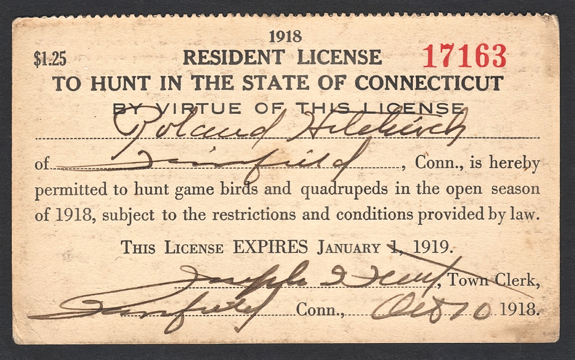1918-19 Connecticut Resident License to Hunt