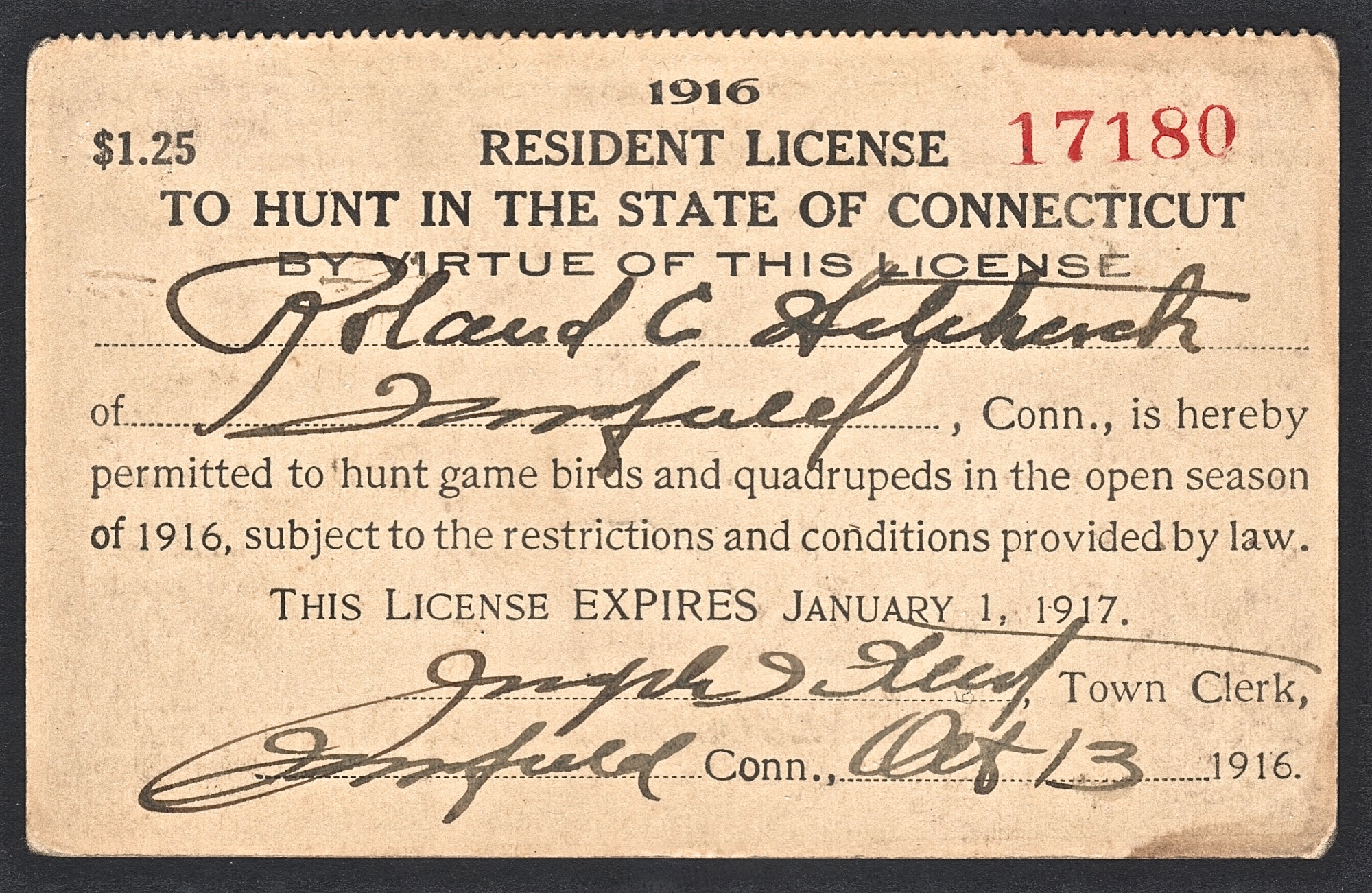 1916-17 Connecticut Resident License to Hunt