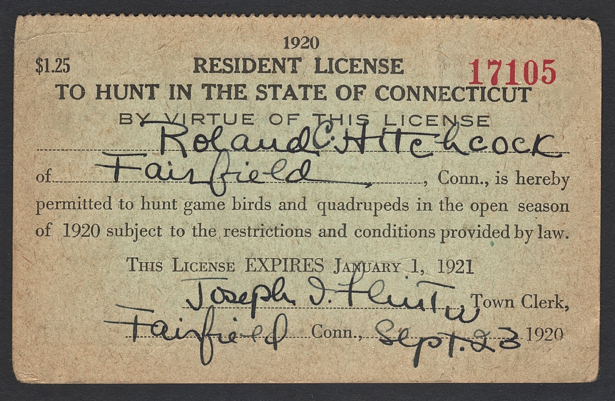 1920-21 Connecticut Resident License to Hunt