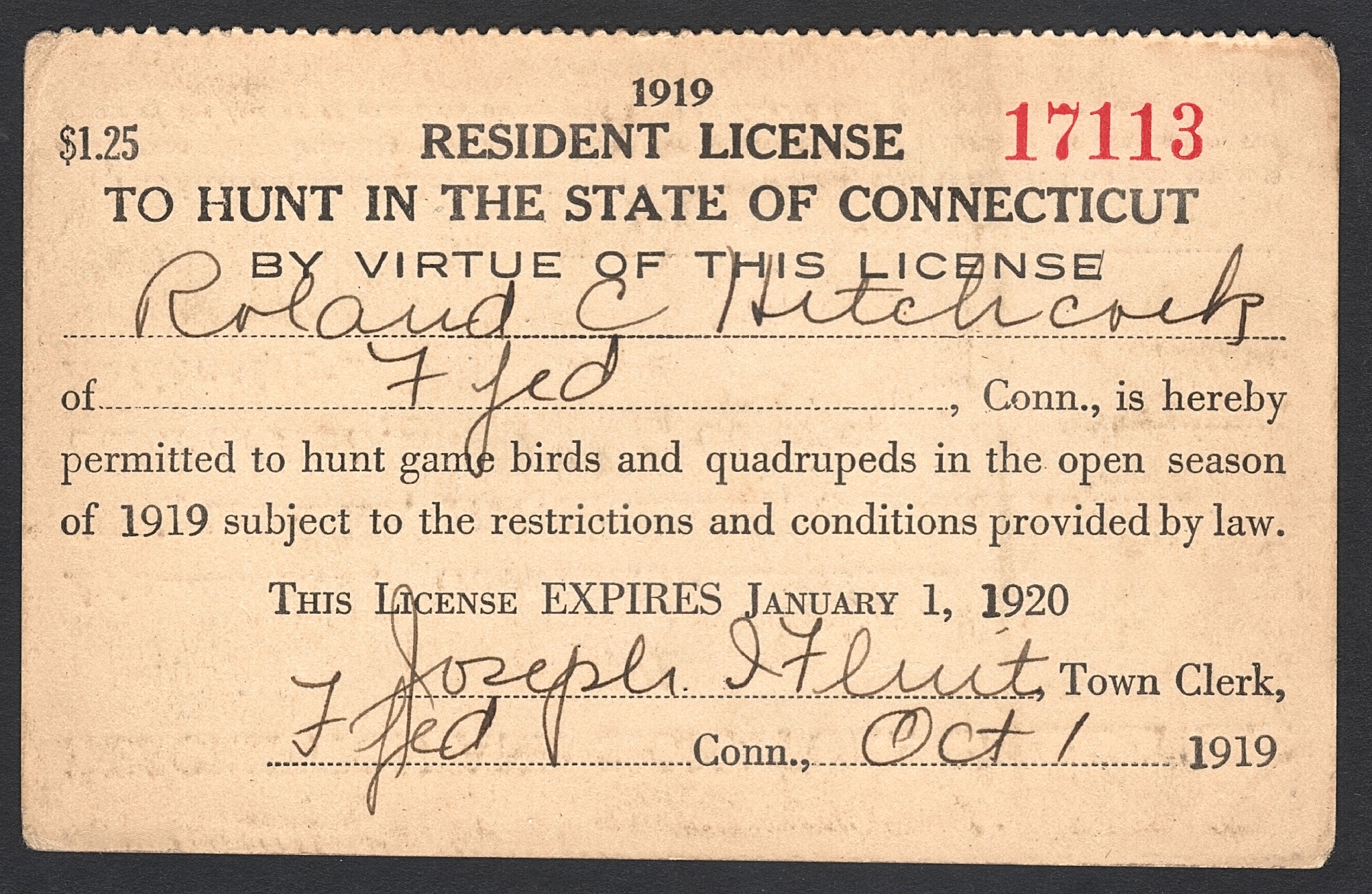 1919-20 Connecticut Resident License to Hunt