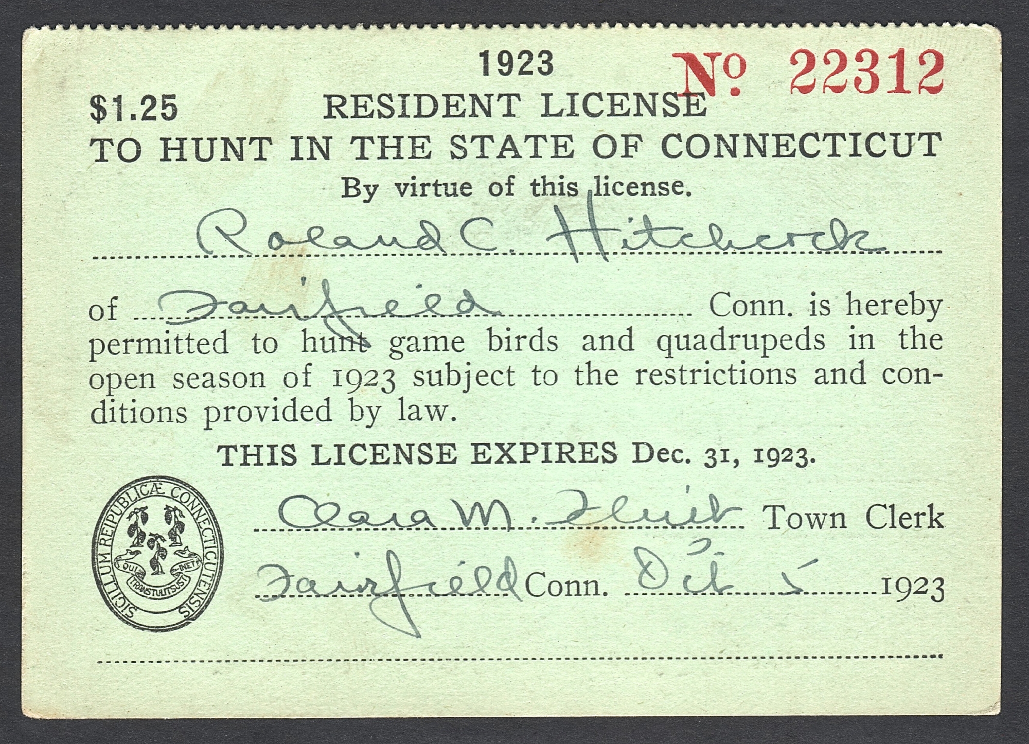 1923 Connecticut Resident License to Hunt