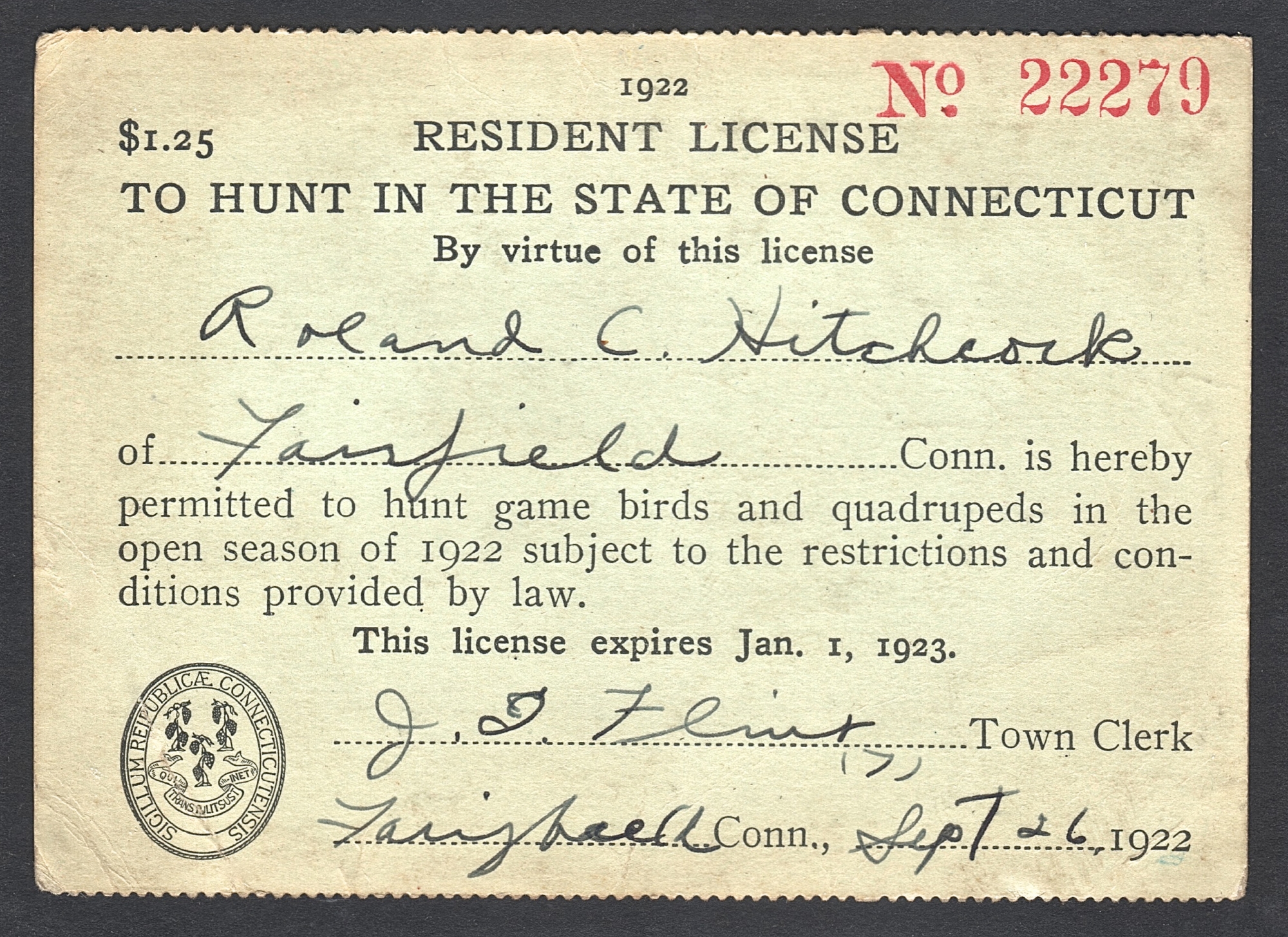 1922-23 Connecticut Resident License to Hunt