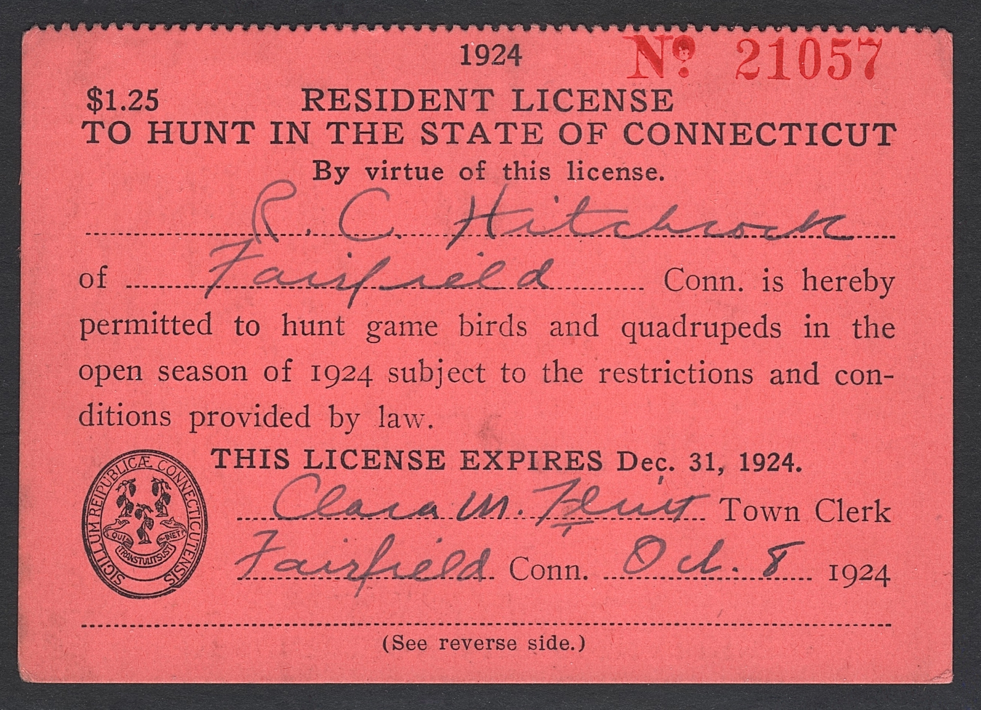 1924 Connecticut Resident License to Hunt