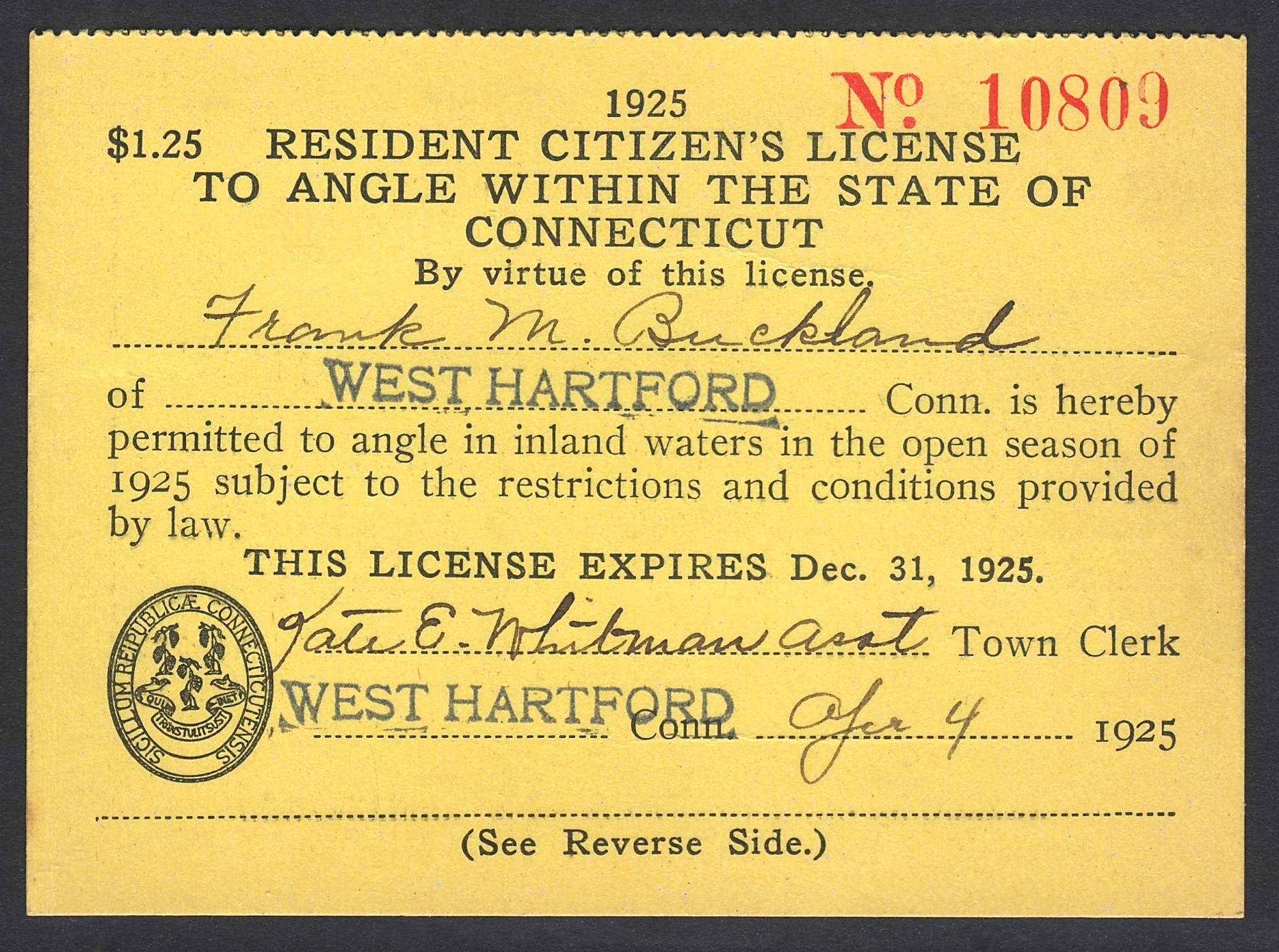 1925 Connecticut Resident License to Angle