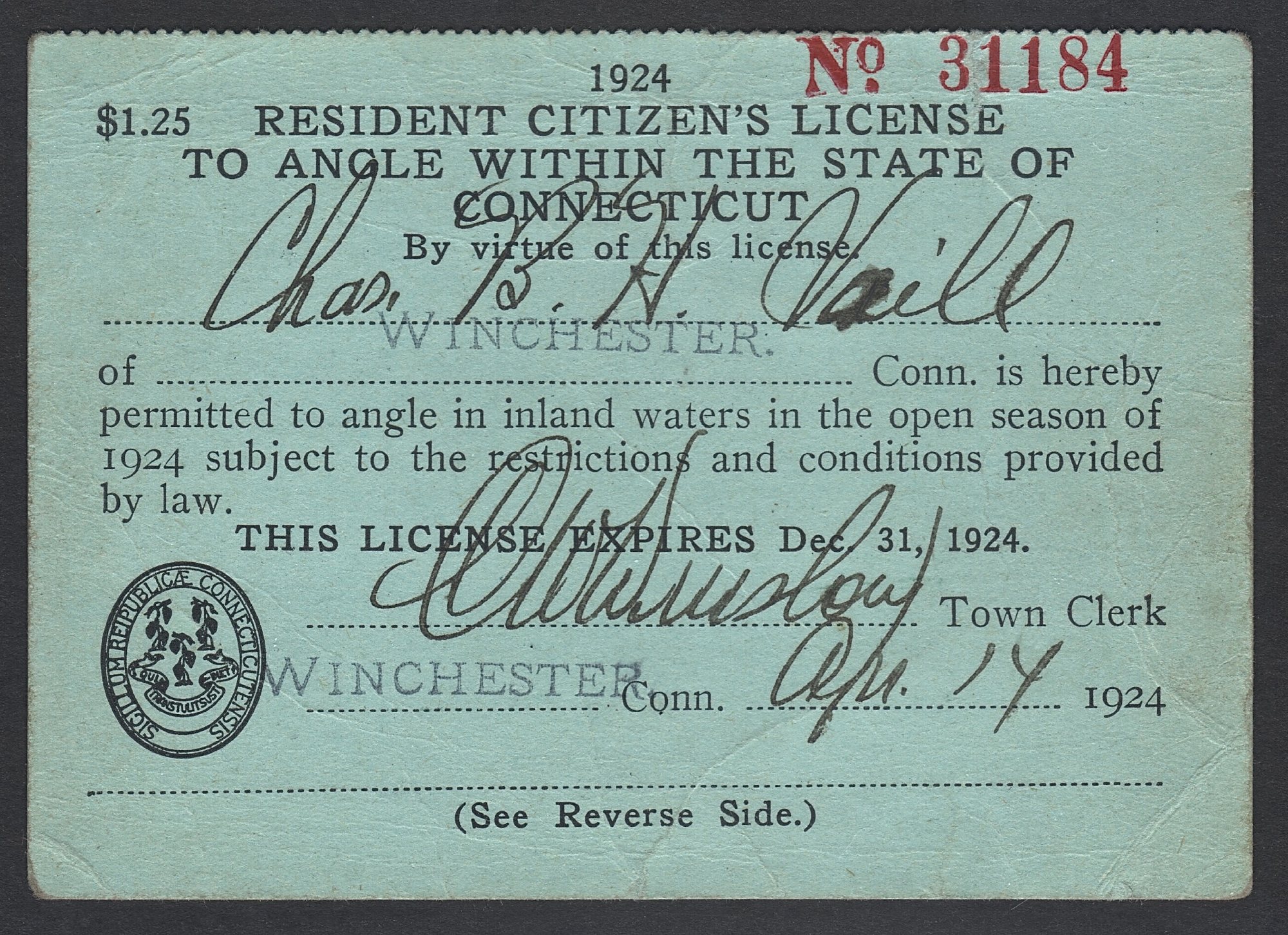 1924 Connecticut Resident License to Angle