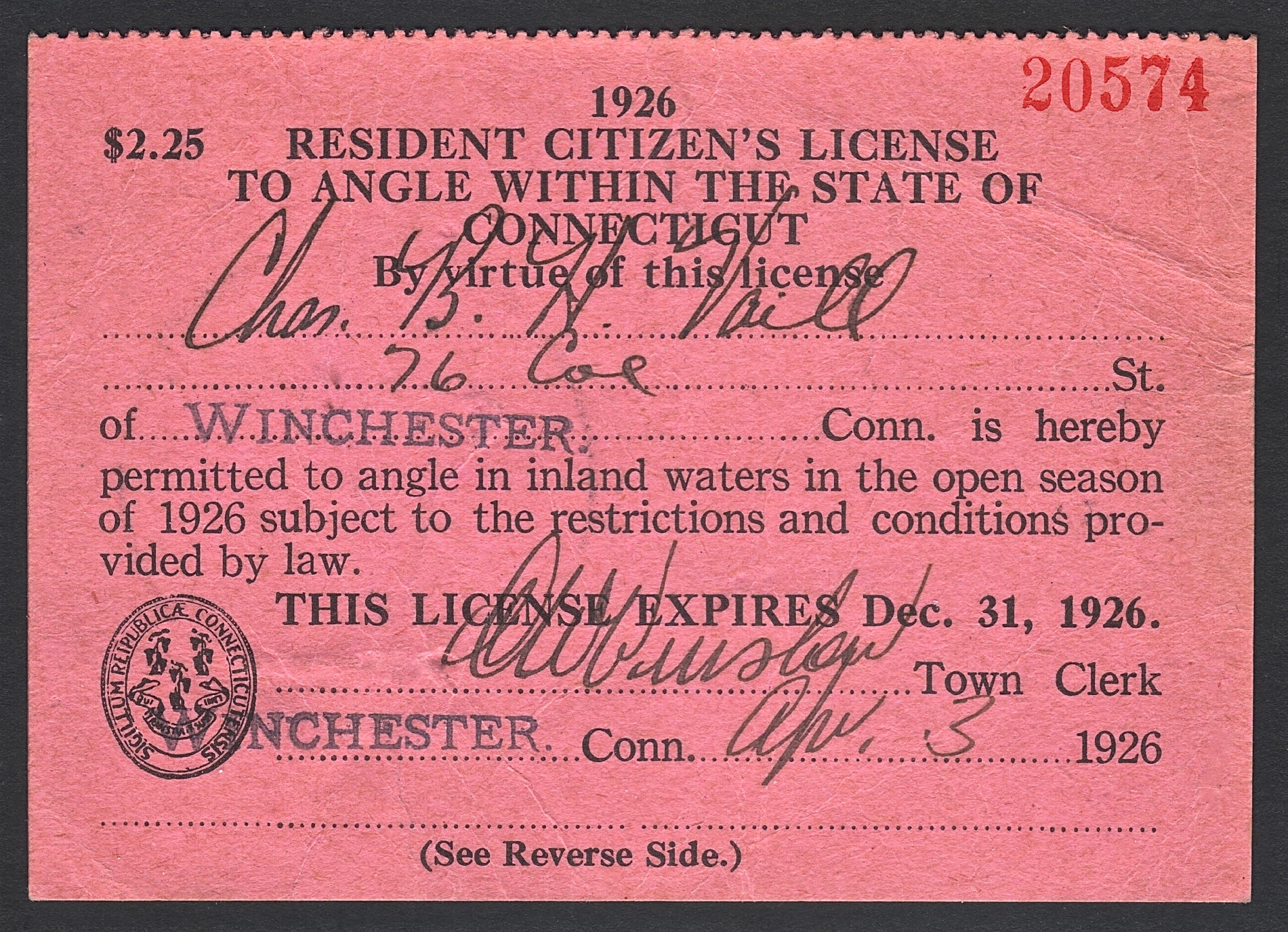 1926 Connecticut Resident License to Angle