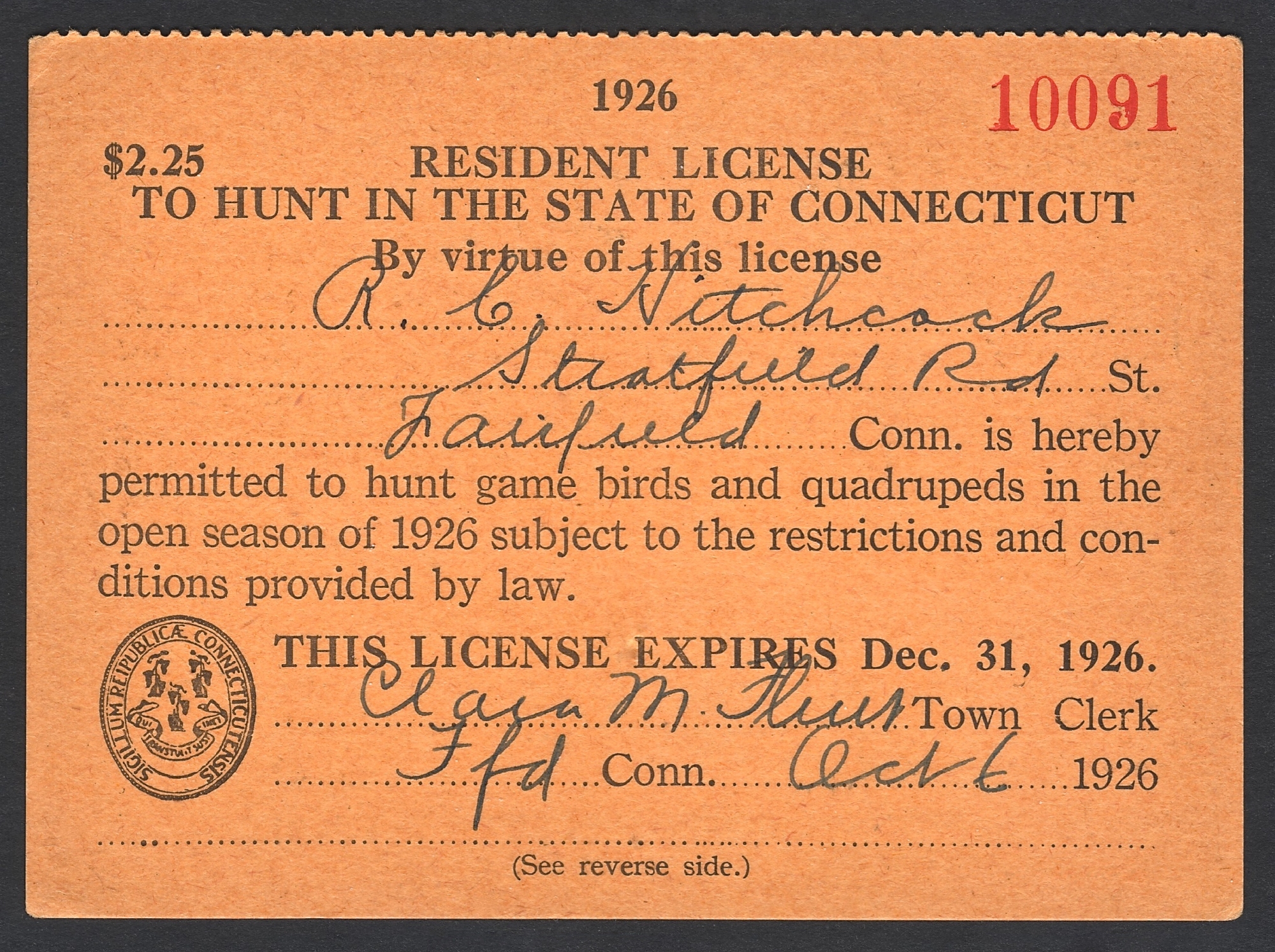 1926 Connecticut Resident License to Hunt