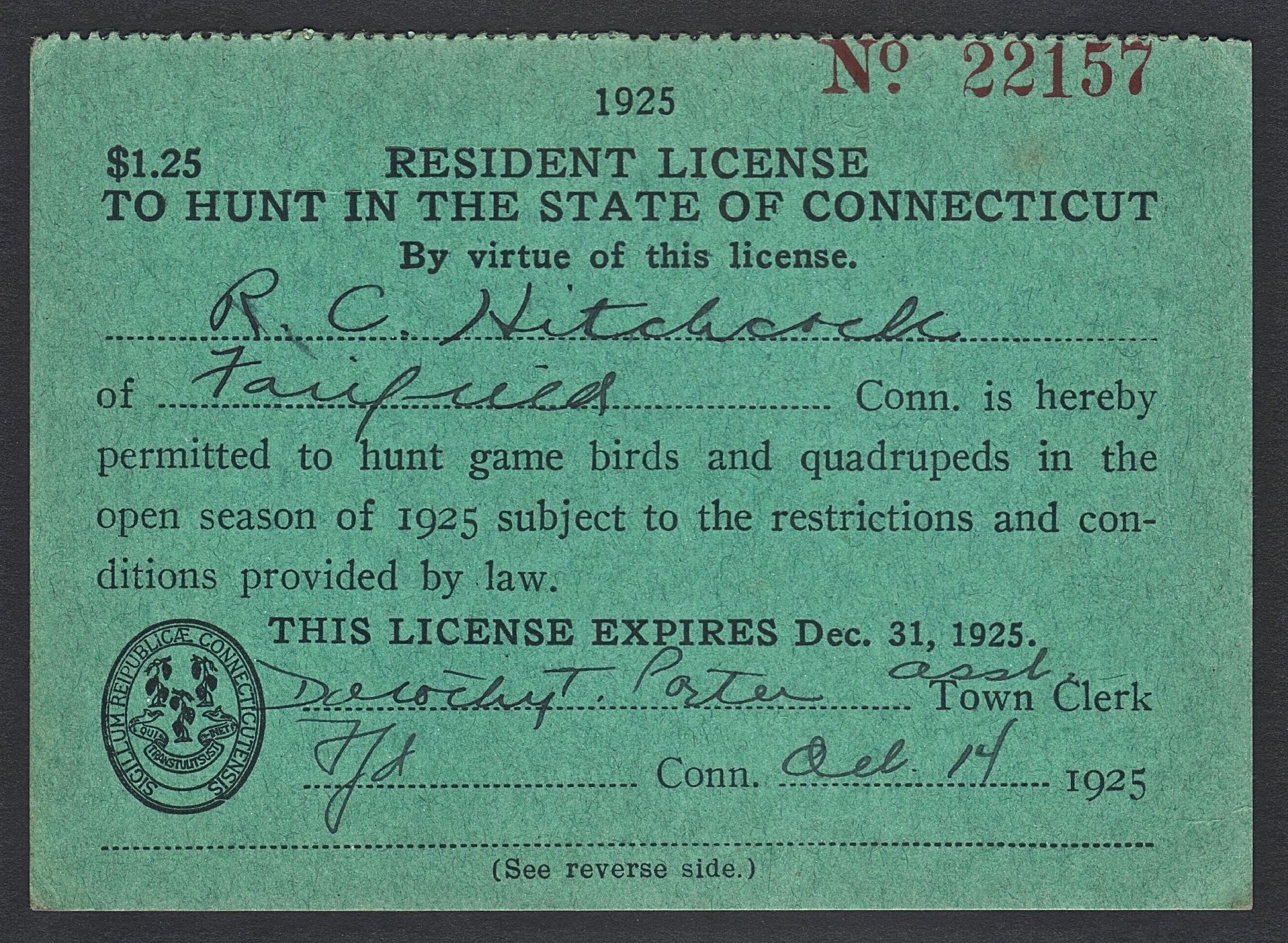 1925 Connecticut Resident License to Hunt