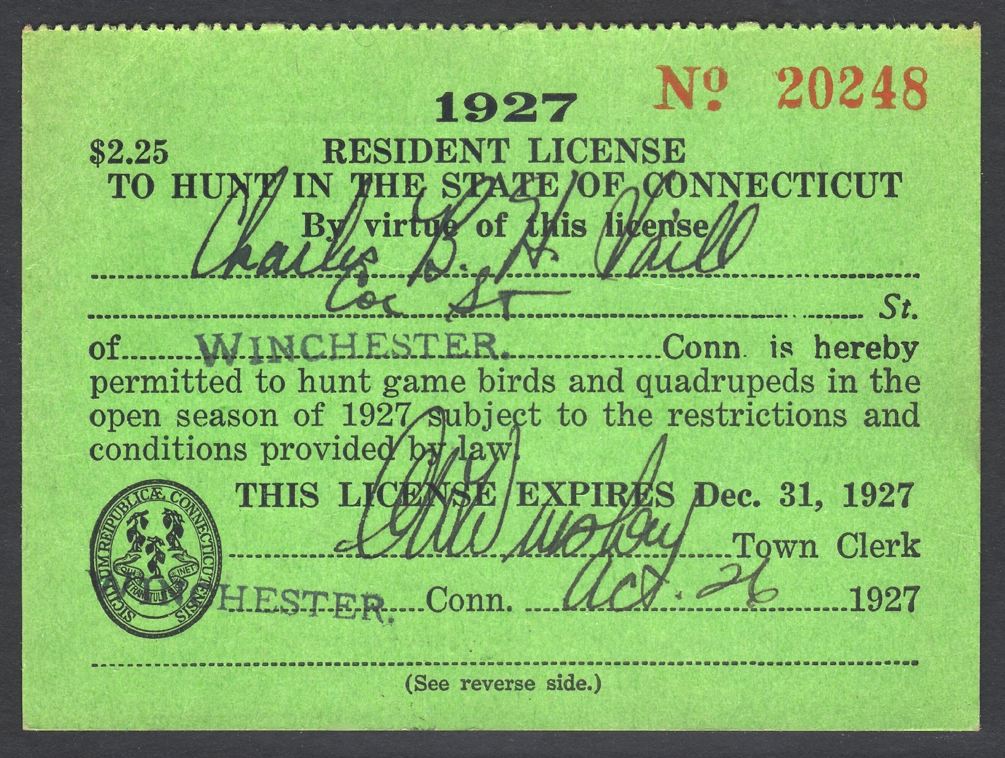 1927 Connecticut Resident License to Hunt