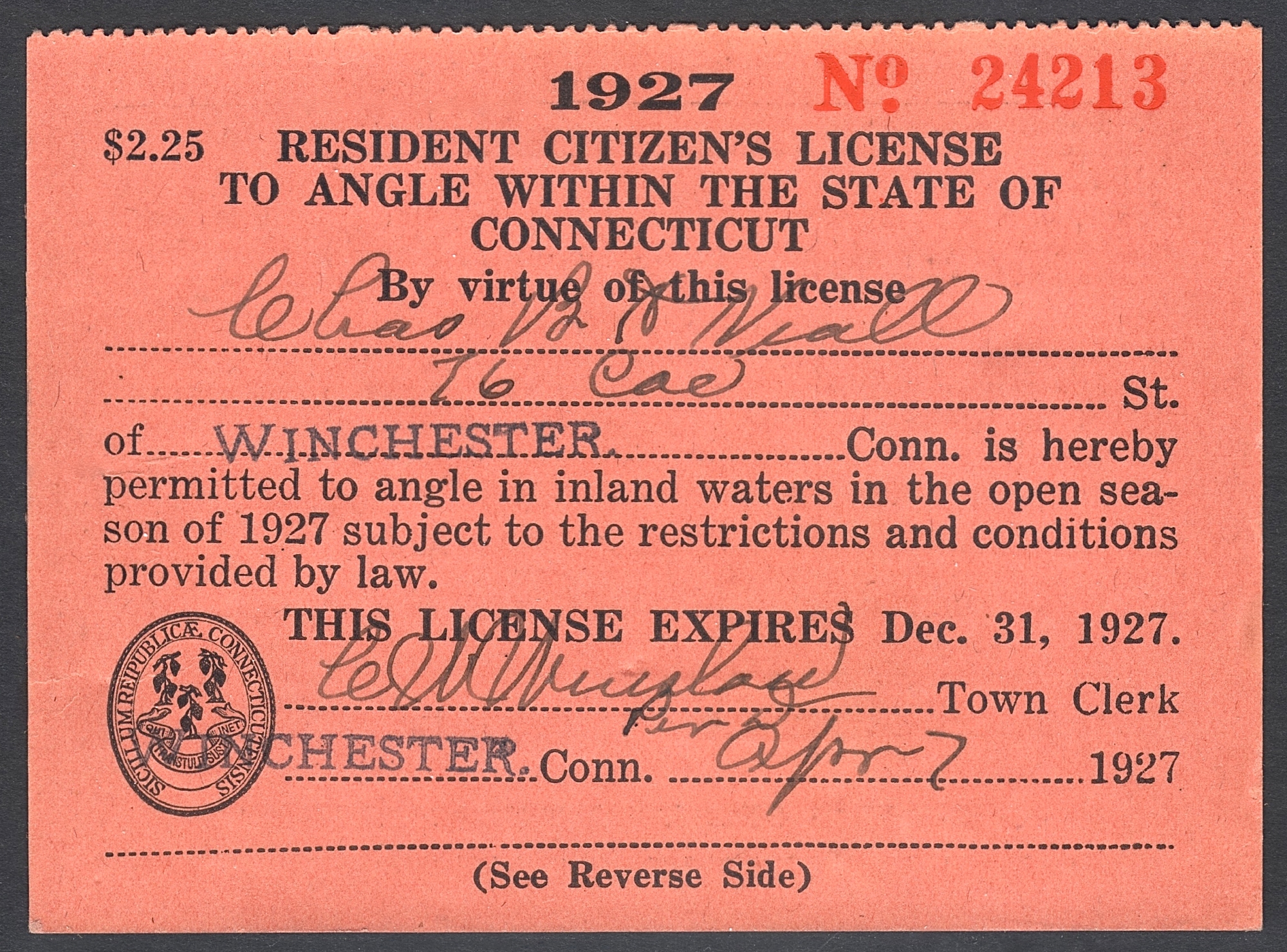 1927 Connecticut Resident License to Angle