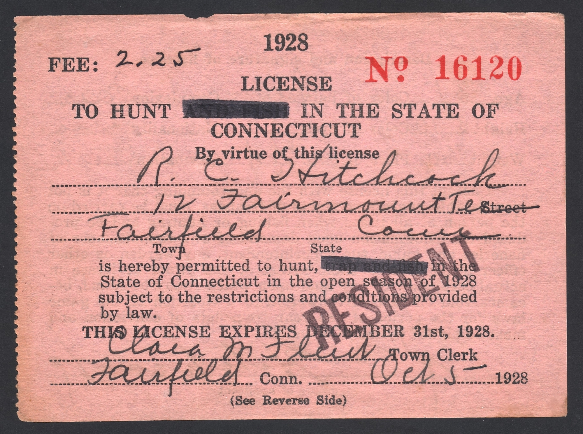 1928 Connecticut Resident License to Hunt