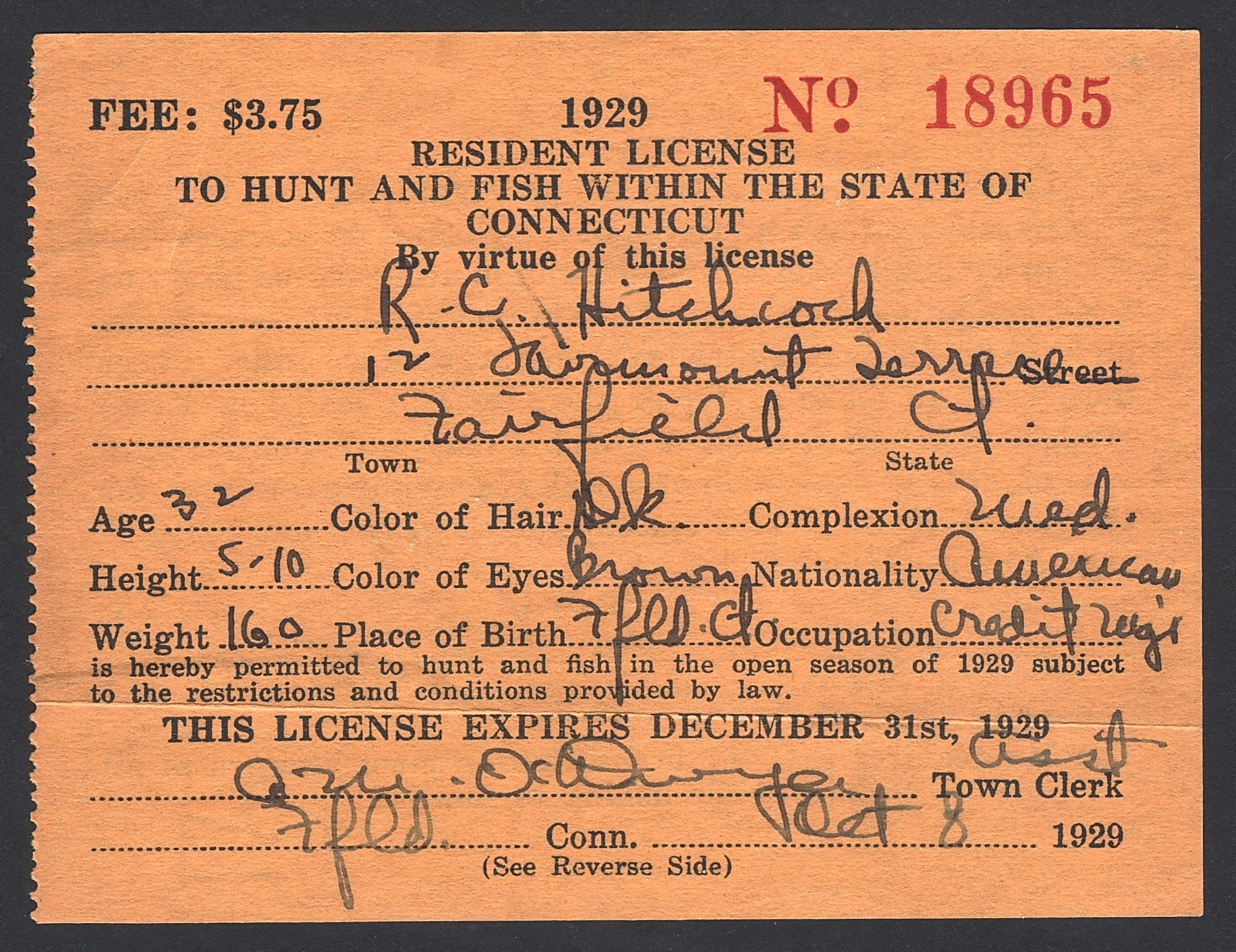 1929 Connecticut Resident License to Hunt and Fish