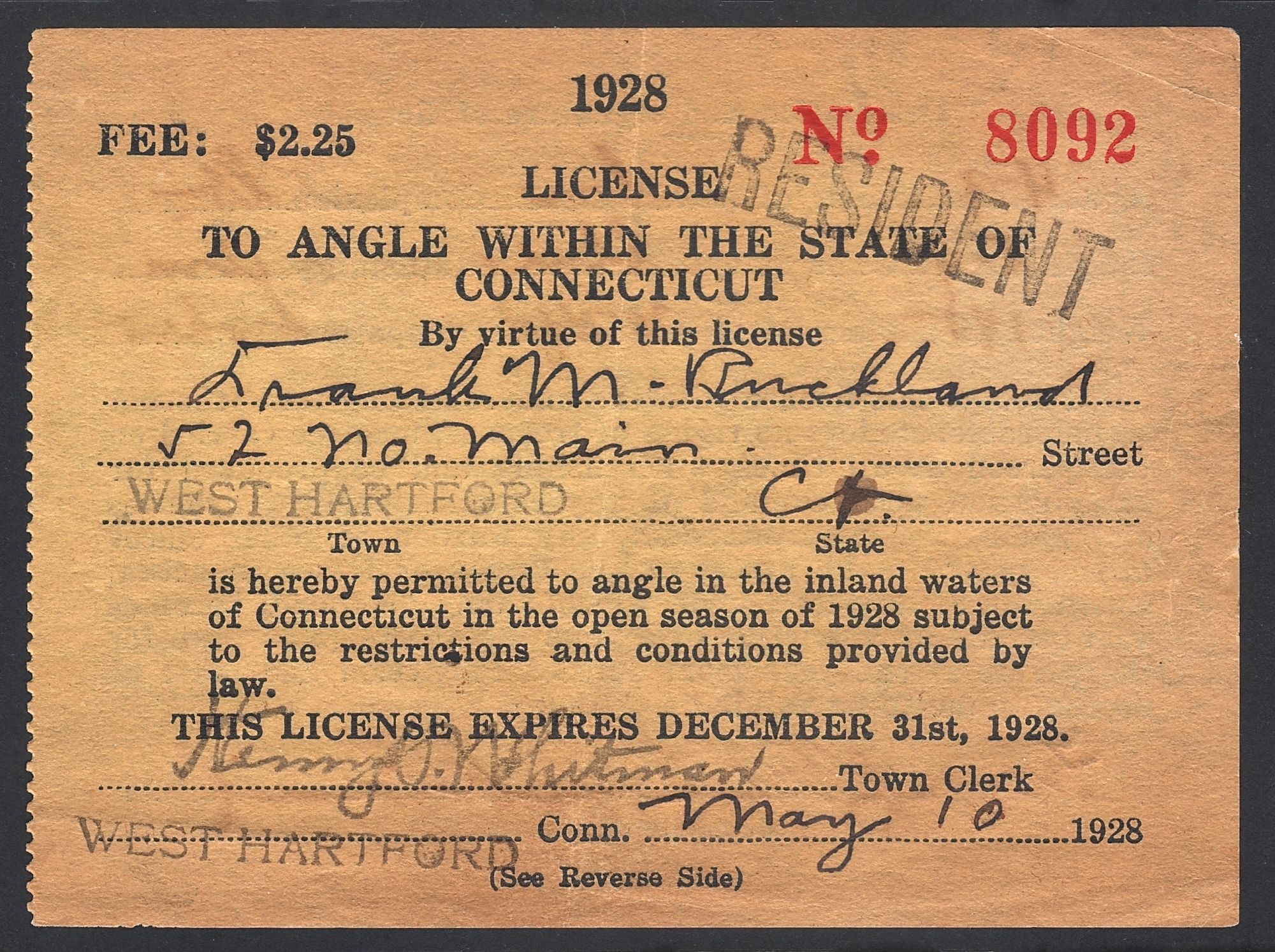 1928 Connecticut Resident License to Angle
