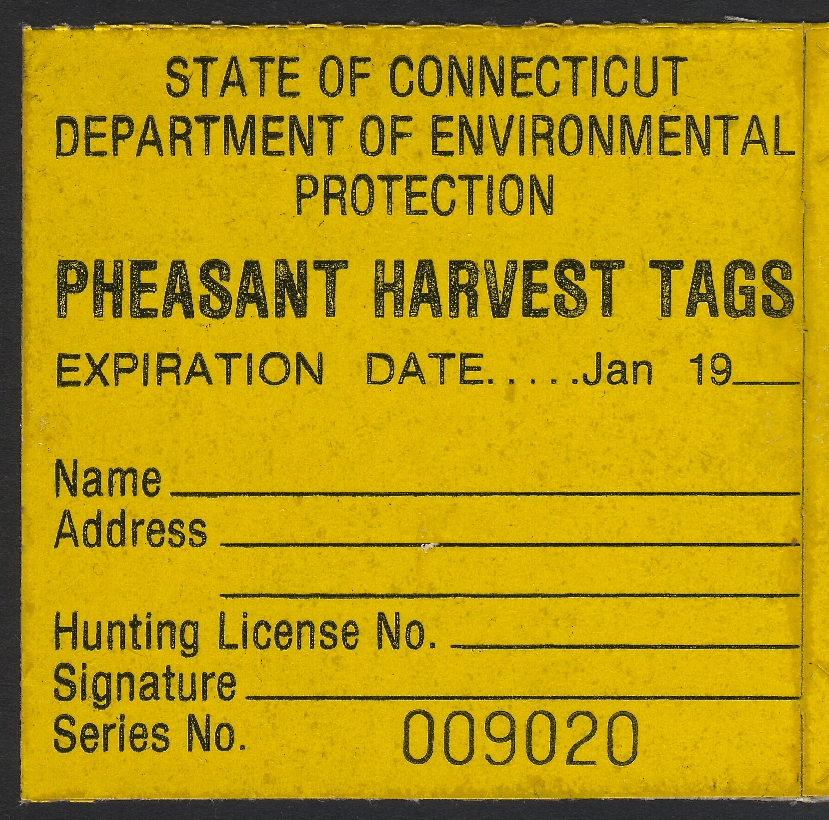 Pre 1985 Connecticut Pheasant Tag Stub