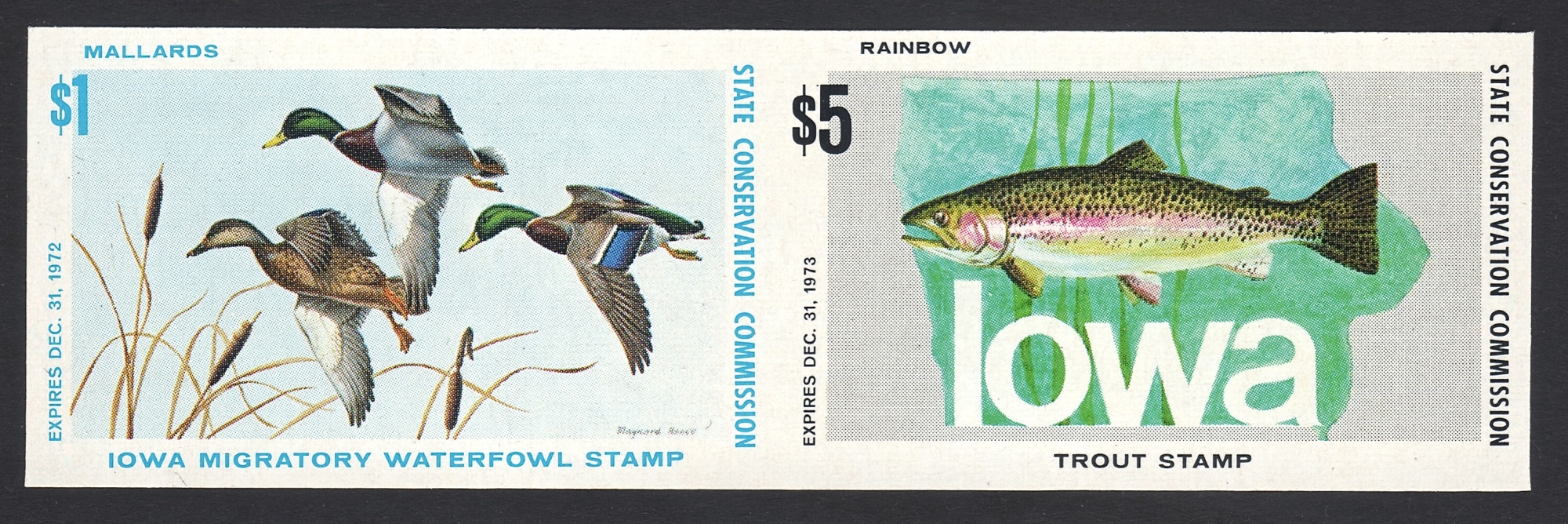 1973 Iowa Duck/Trout Printers Waste Imperforate Pair