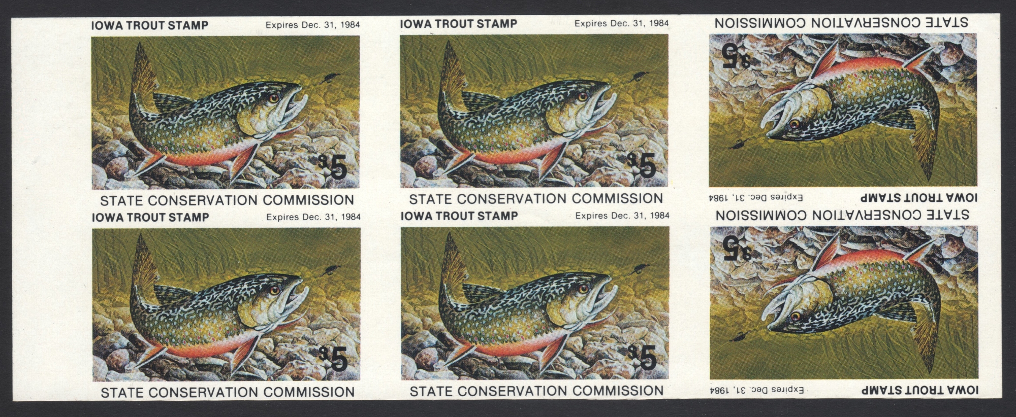 1984 Iowa Trout Imperforate Tete Beche Block of Six