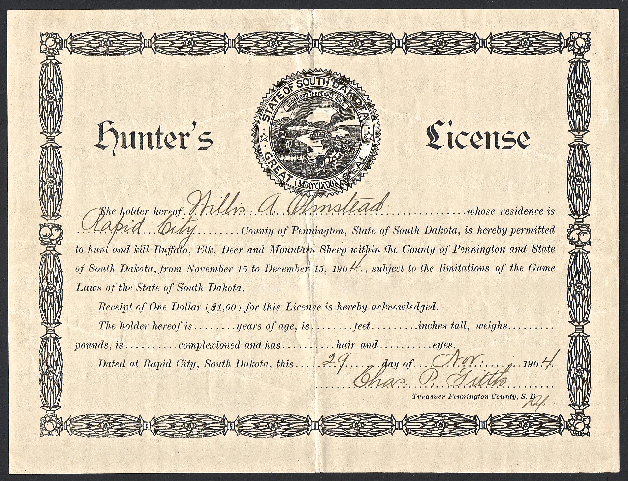 1904 South Dakota Hunter's License