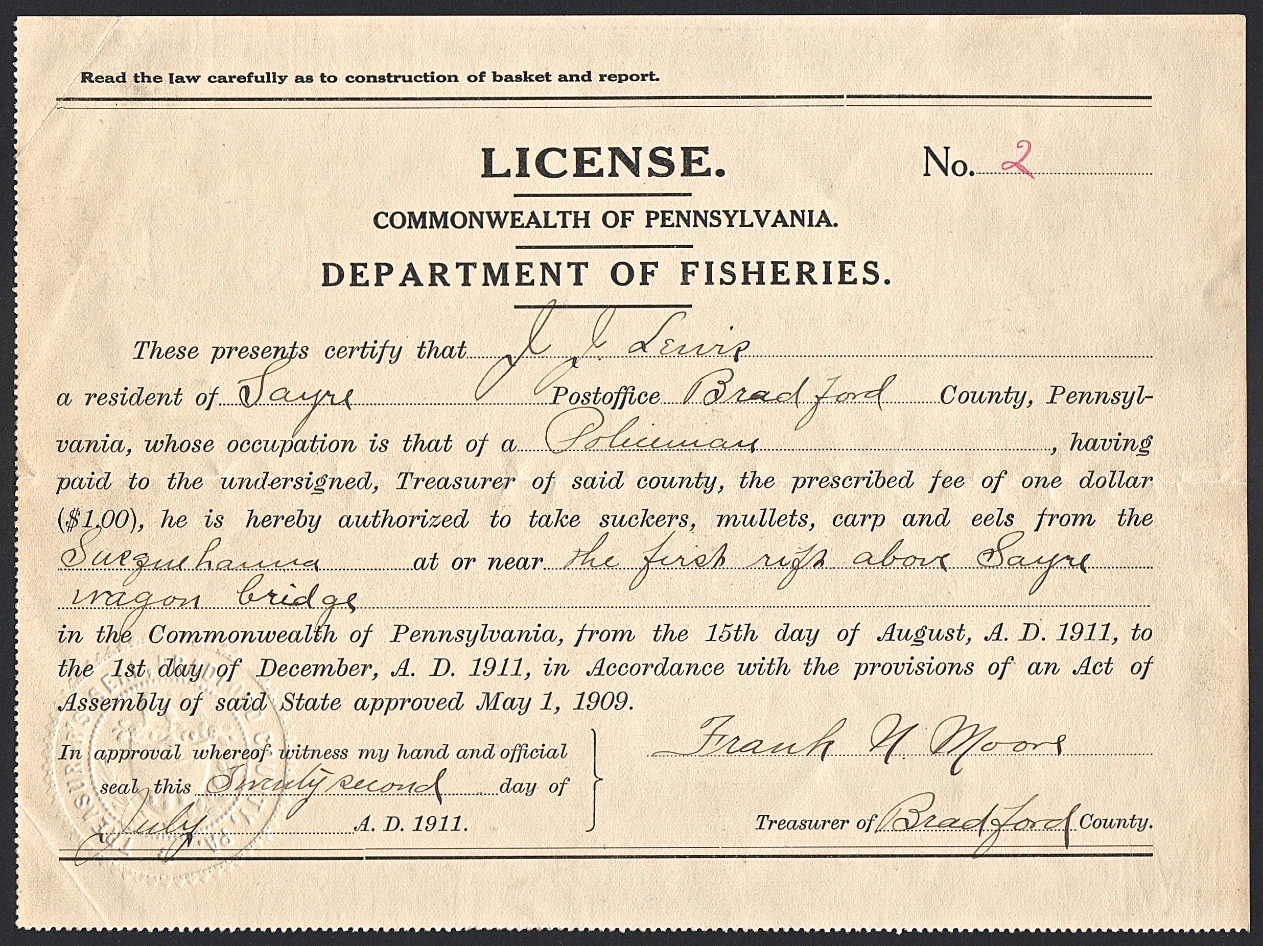 1911 Pennsylvania Fishing License