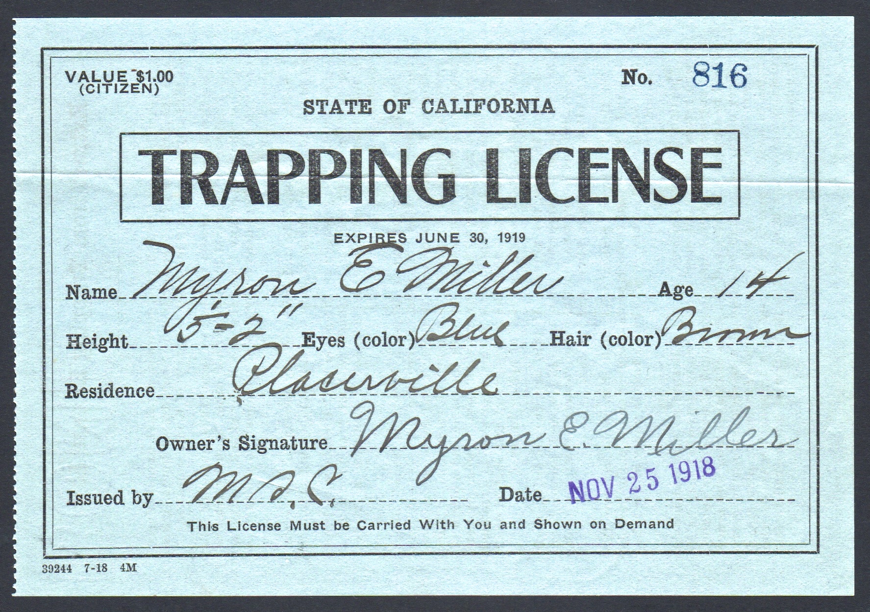 1918-19 California Trapping License
