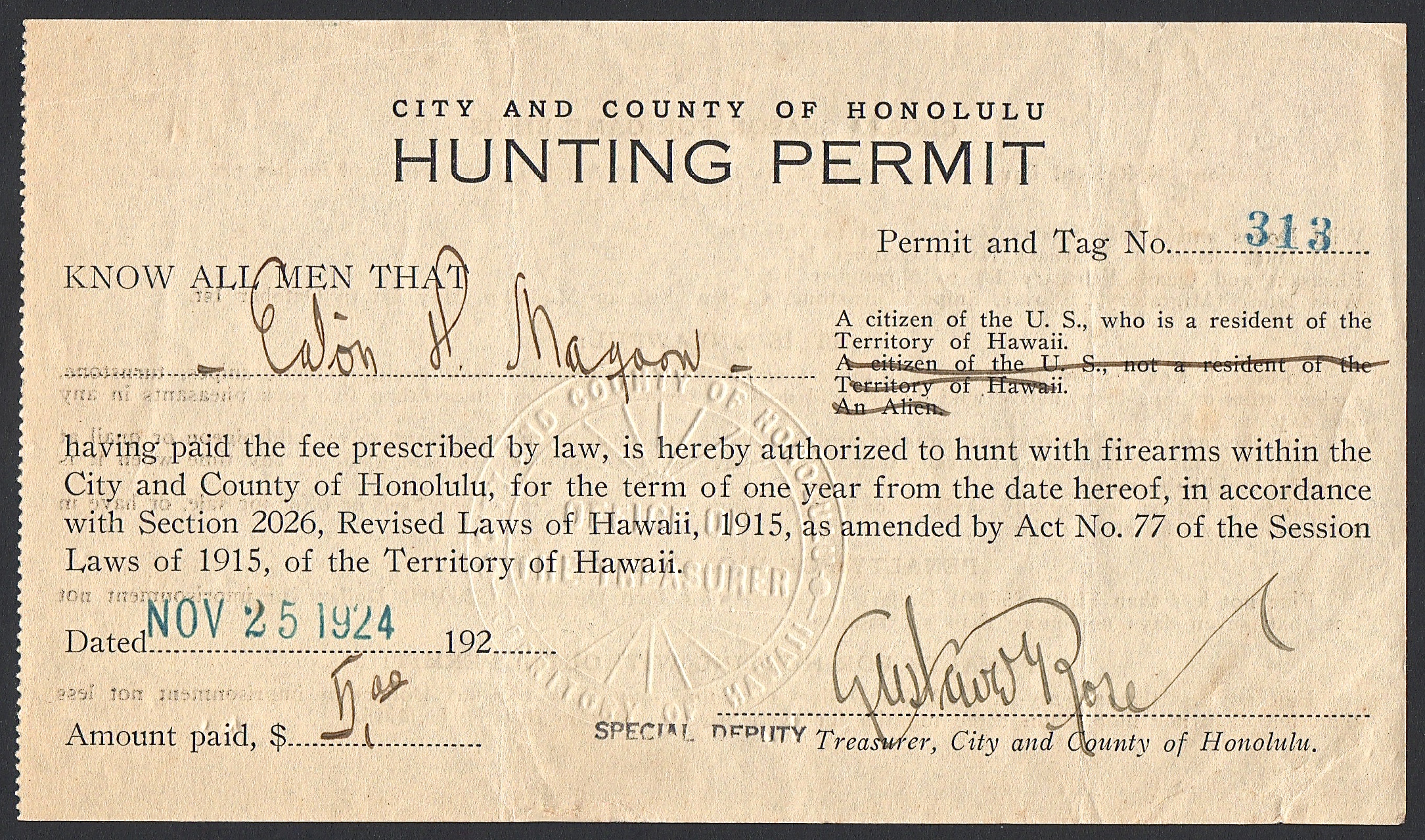 1924-25 City and County of Honolulu Hunting Permit