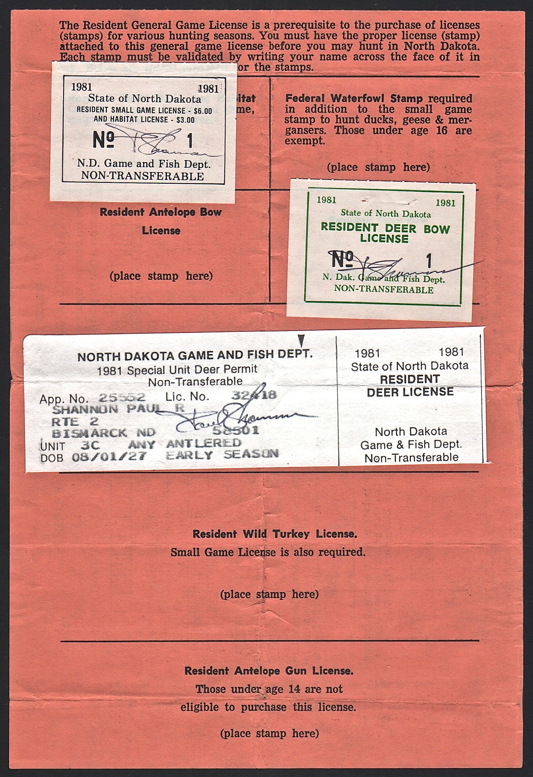 1981 North Dakota Deer #1 and Small Game #1 on License
