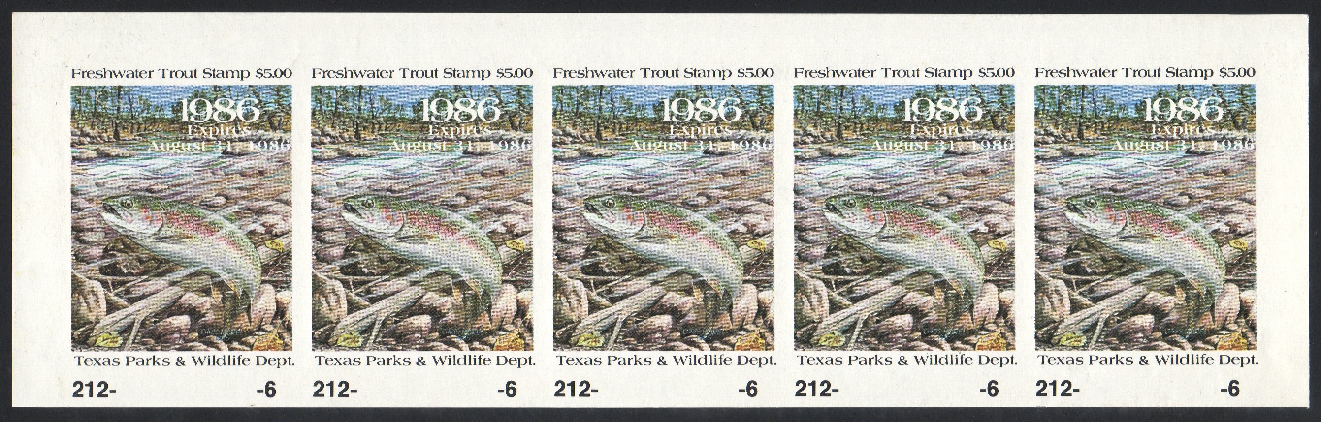 1985 Texas Trout Strip from the Original Texas Parks & Wildlife Department Proof Sheet (of 10)