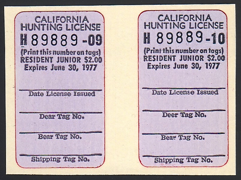 1976-77 California Junior Hunting License Validation "Dear" Error and Normal