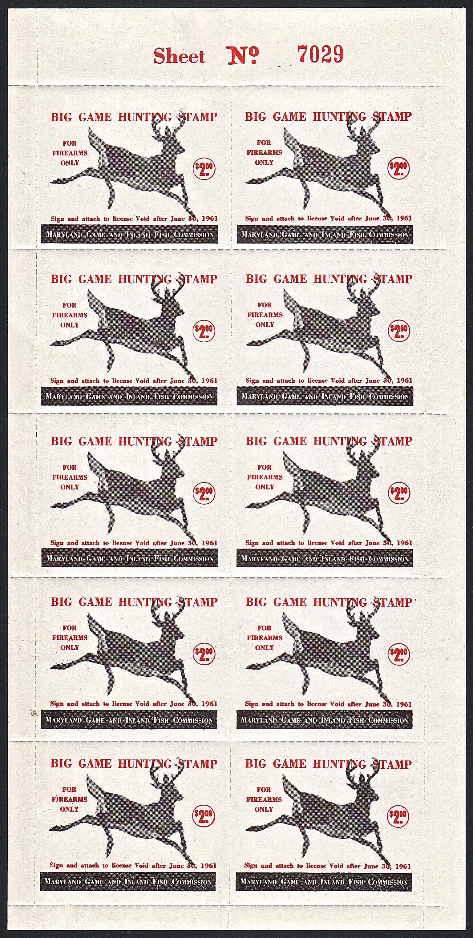 1960-61 Maryland Firearms Rouletted Big Game Complete Sheet 