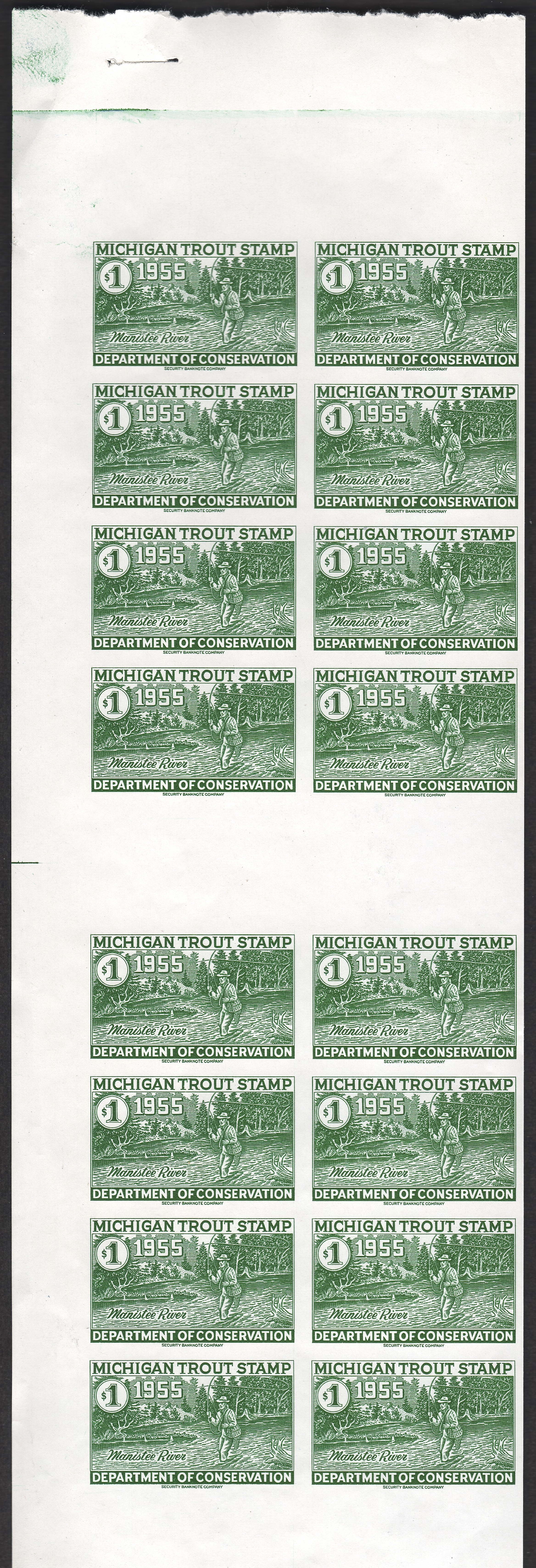 1955 Michigan Trout Trial Color Proof Large Multiple with Gutter
