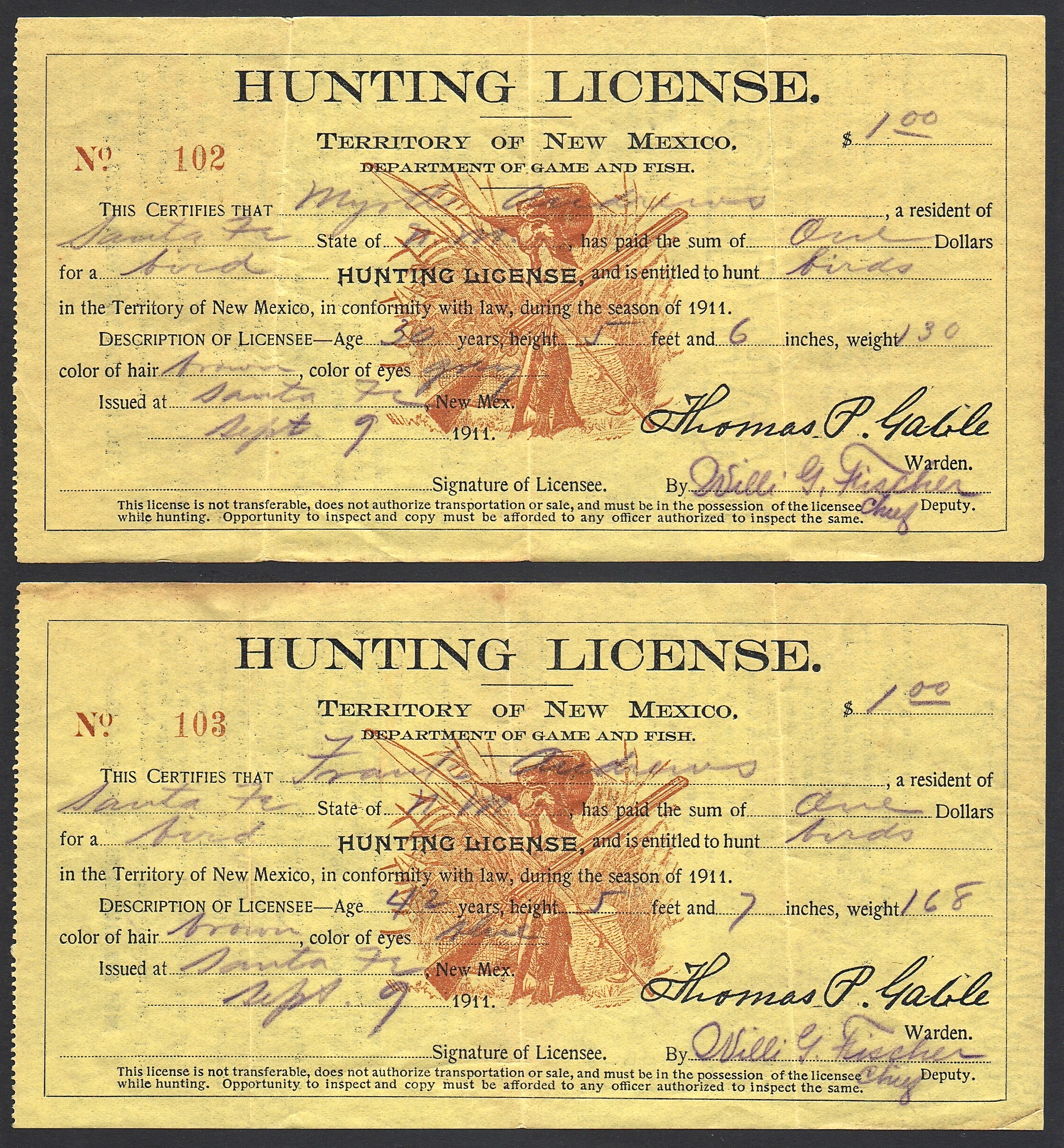 Husband & Wife 1911 Territory of New Mexico Hunting Licenses