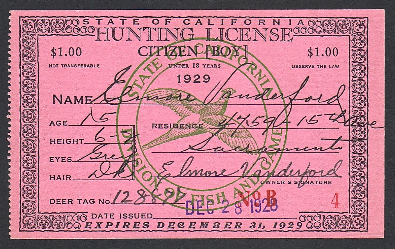 E. L. Vanderford's 1929 California BOY Hunting License