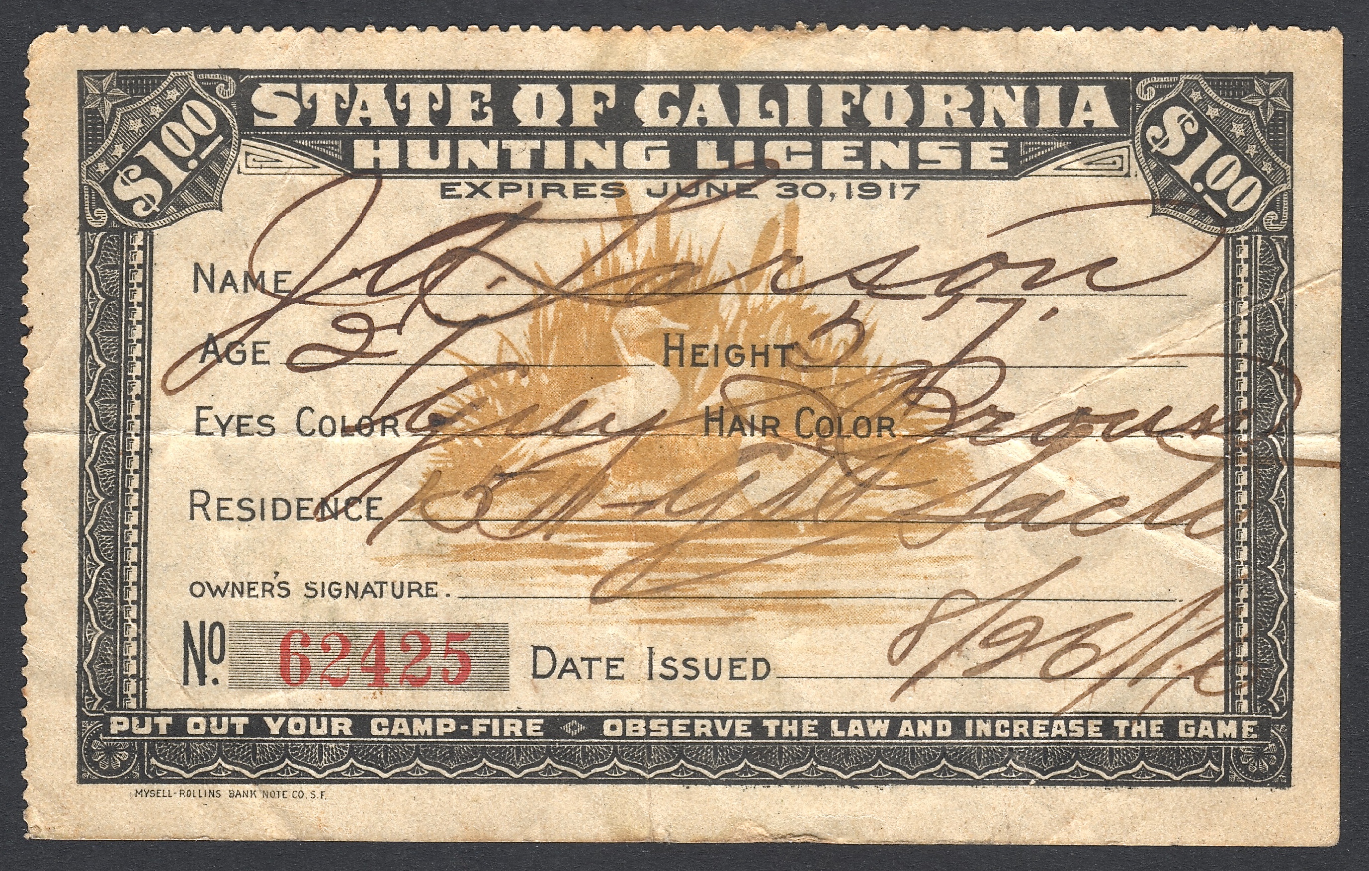 1916-17 California Hunting Licenses (2) Jpg - Version 2 - Waterfowl ...