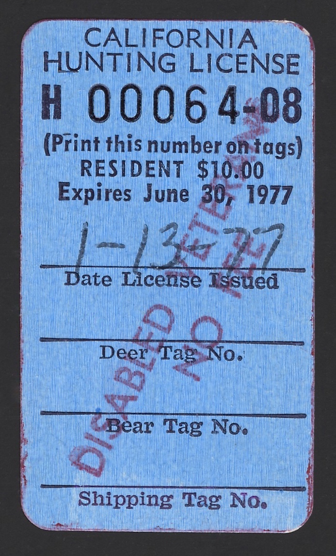  1976-77 (Type III) No Fee California Hunting License Validating Stamp