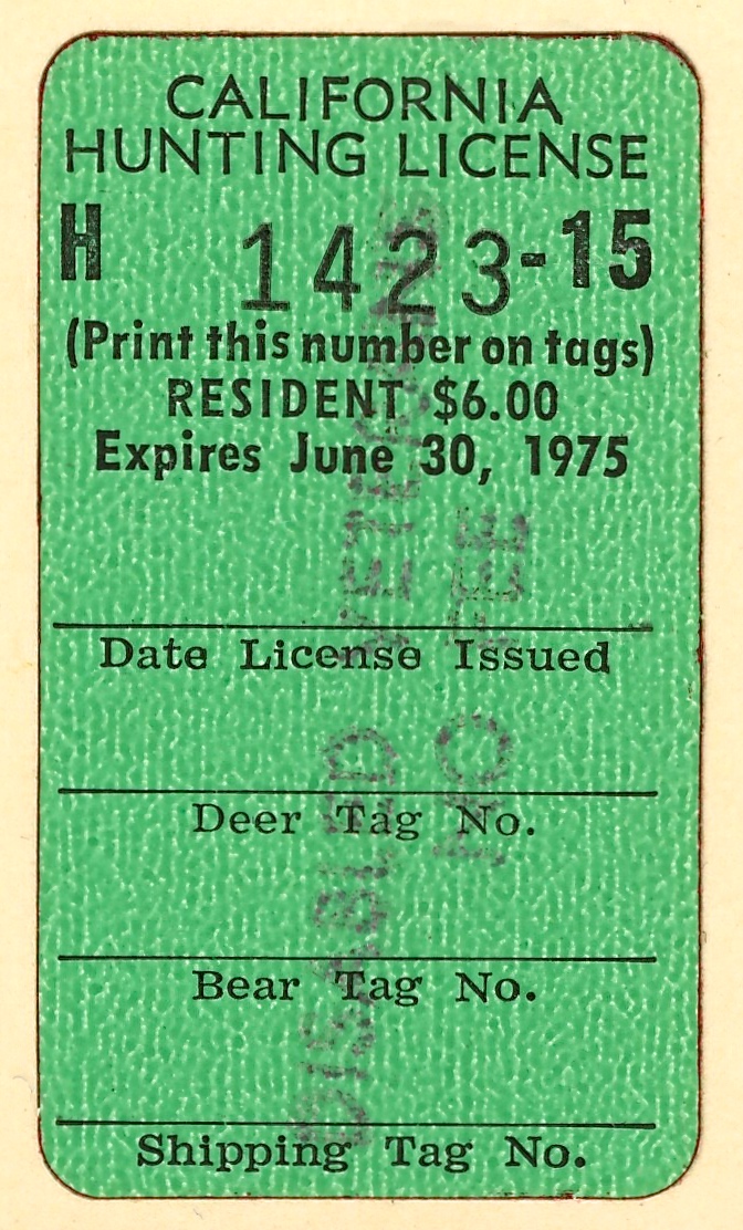 1974-75 (Type III) No Fee California Hunting License Validating Stamp