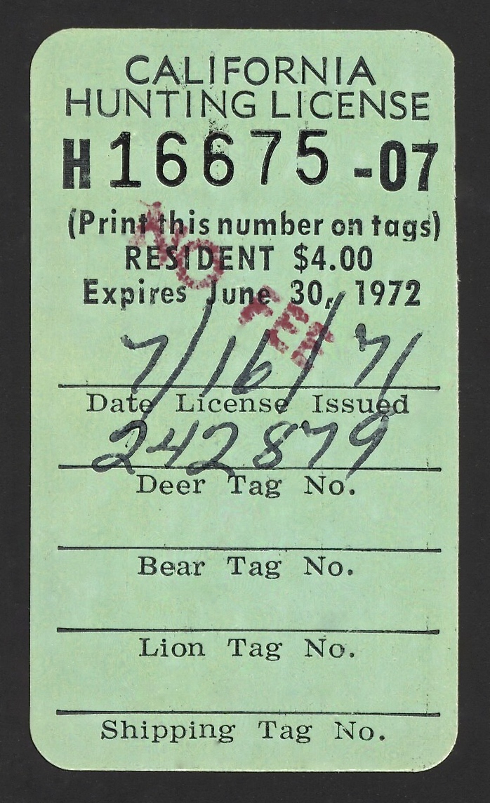  1971-72 (Type II ) No Fee California Hunting License Validating Stamp